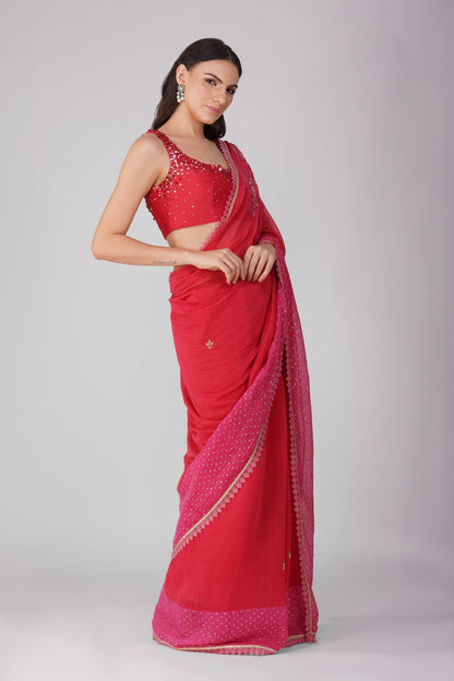 Red And Pink Two-Tone Saree Set by Devyani Mehrotra with Chanderi, Embellished, Hand Embroidered, Indian Wear, Natural, Party Wear, Red, Regular Fit, Womenswear at Kamakhyaa for sustainable fashion