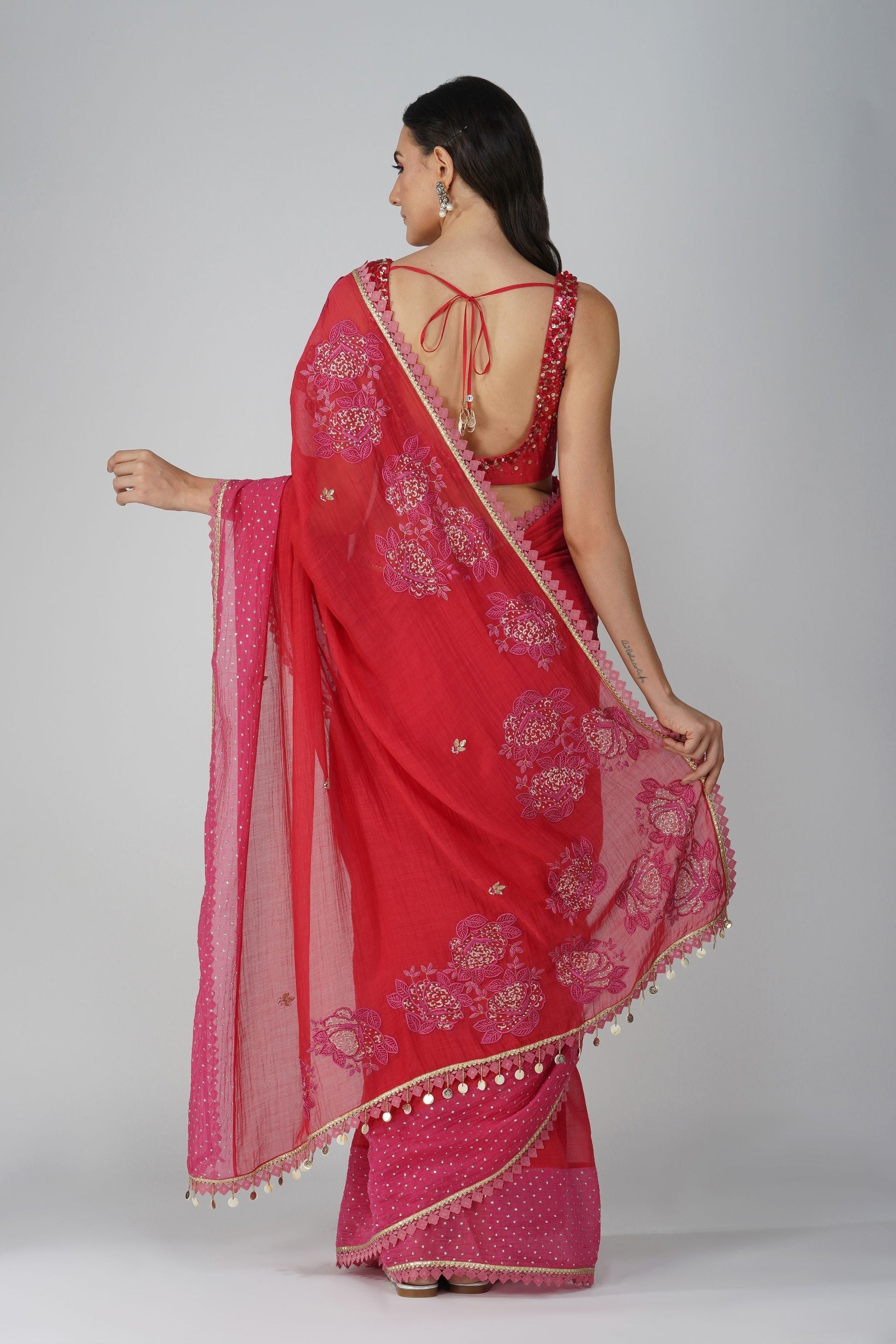 Red And Pink Two-Tone Saree Set by Devyani Mehrotra with Chanderi, Embellished, Hand Embroidered, Indian Wear, Natural, Party Wear, Red, Regular Fit, Womenswear at Kamakhyaa for sustainable fashion