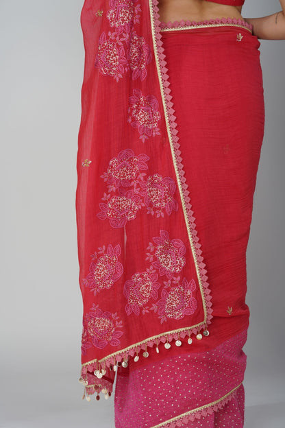 Red And Pink Two-Tone Saree Set by Devyani Mehrotra with Chanderi, Embellished, Hand Embroidered, Indian Wear, Natural, Party Wear, Red, Regular Fit, Womenswear at Kamakhyaa for sustainable fashion