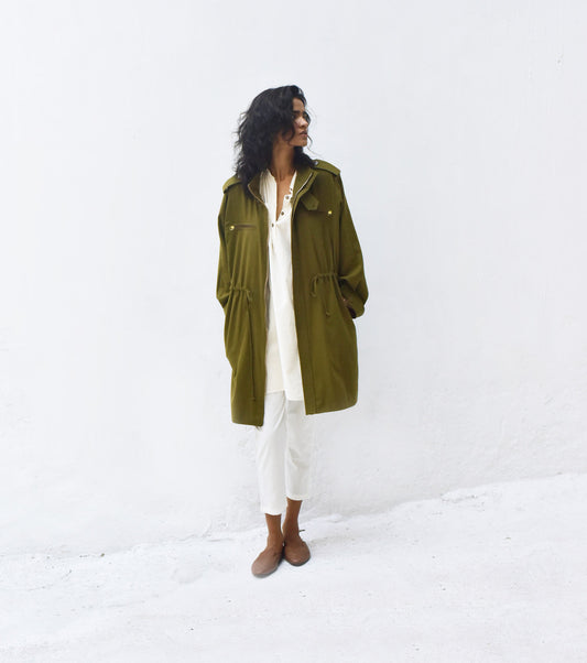 Olive Green Parka Jacket by Khara Kapas with Casual Wear, Green, Jackets, Organic, Relaxed Fit, Solids, Twill, Womenswear at Kamakhyaa for sustainable fashion