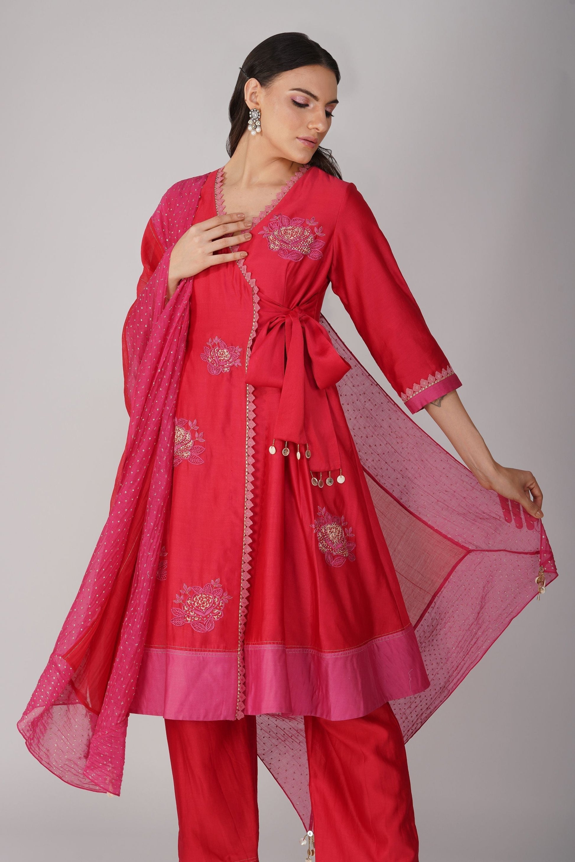 Red Two-Tone Angrakha Set by Devyani Mehrotra with Chanderi, Embellished, Indian Wear, Natural, Party Wear, Red, Regular Fit, Womenswear at Kamakhyaa for sustainable fashion