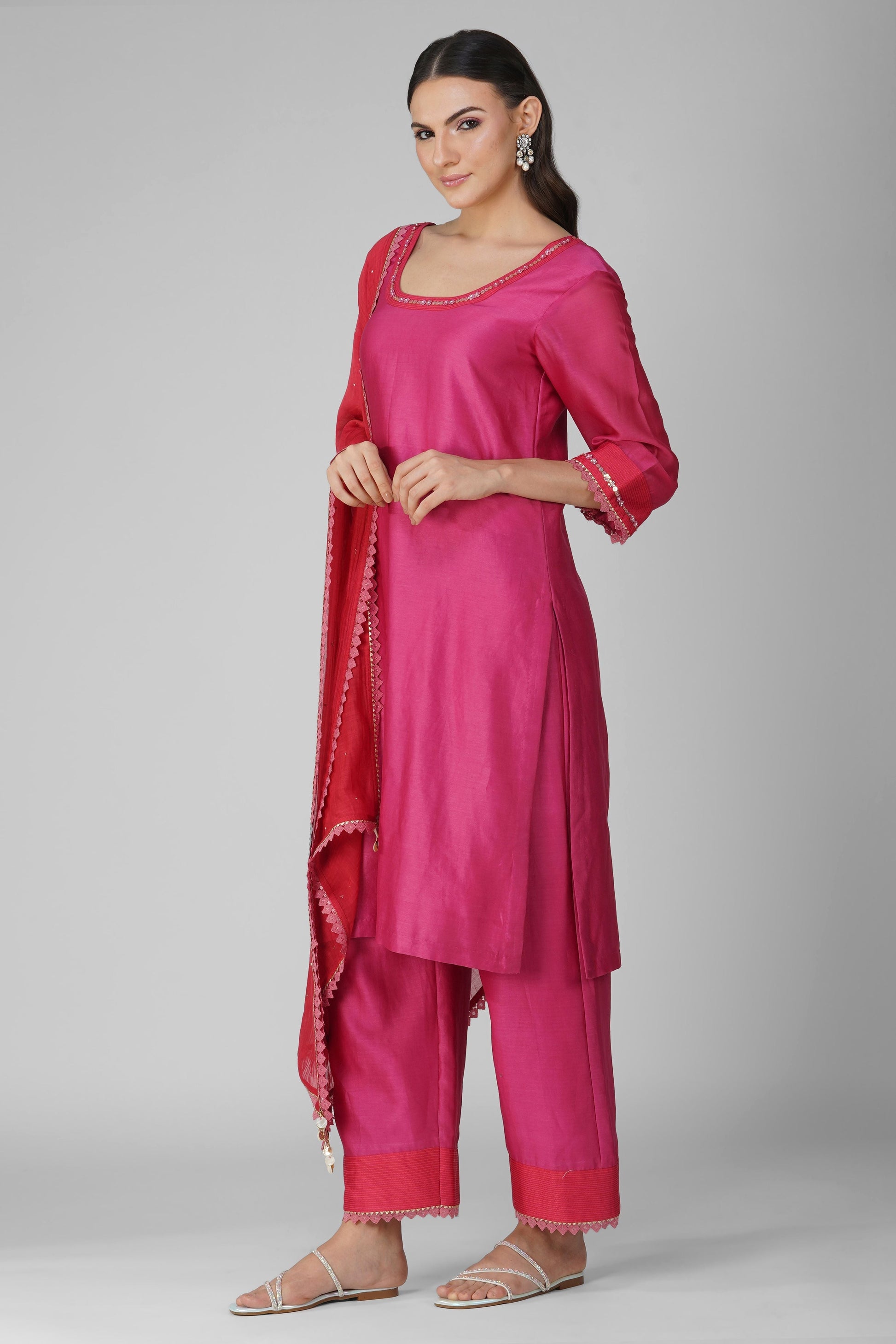 Pink Two-Tone Kurta Pant Set by Devyani Mehrotra with Chanderi, Embellished, Indian Wear, Natural, Party Wear, Pink, Regular Fit, Womenswear at Kamakhyaa for sustainable fashion