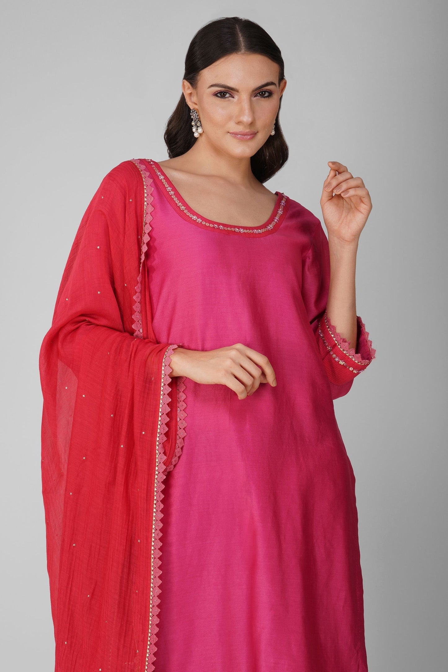 Pink Two-Tone Kurta Pant Set by Devyani Mehrotra with Chanderi, Embellished, Indian Wear, Natural, Party Wear, Pink, Regular Fit, Womenswear at Kamakhyaa for sustainable fashion
