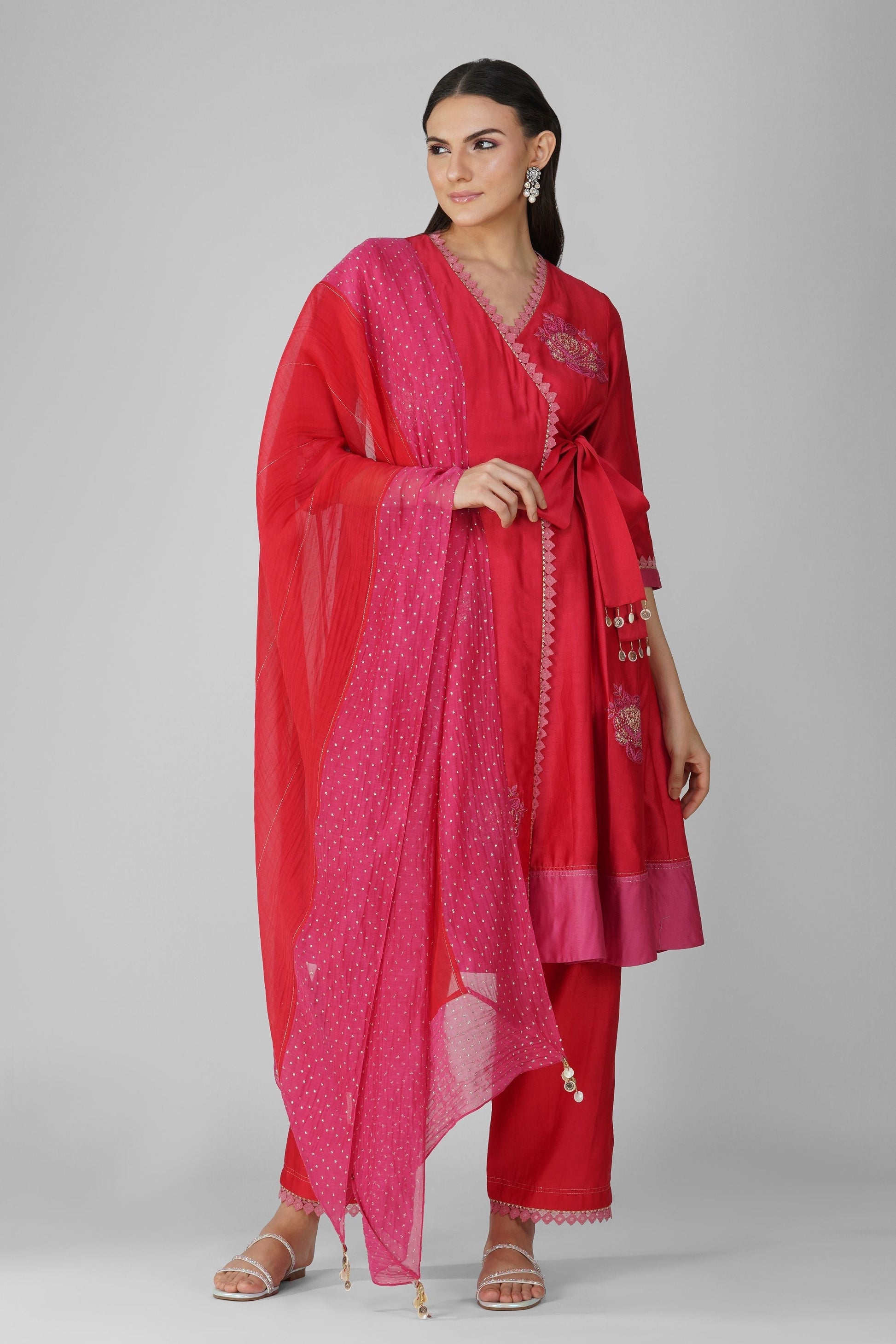 Red Two-Tone Angrakha Set by Devyani Mehrotra with Chanderi, Embellished, Indian Wear, Natural, Party Wear, Red, Regular Fit, Womenswear at Kamakhyaa for sustainable fashion