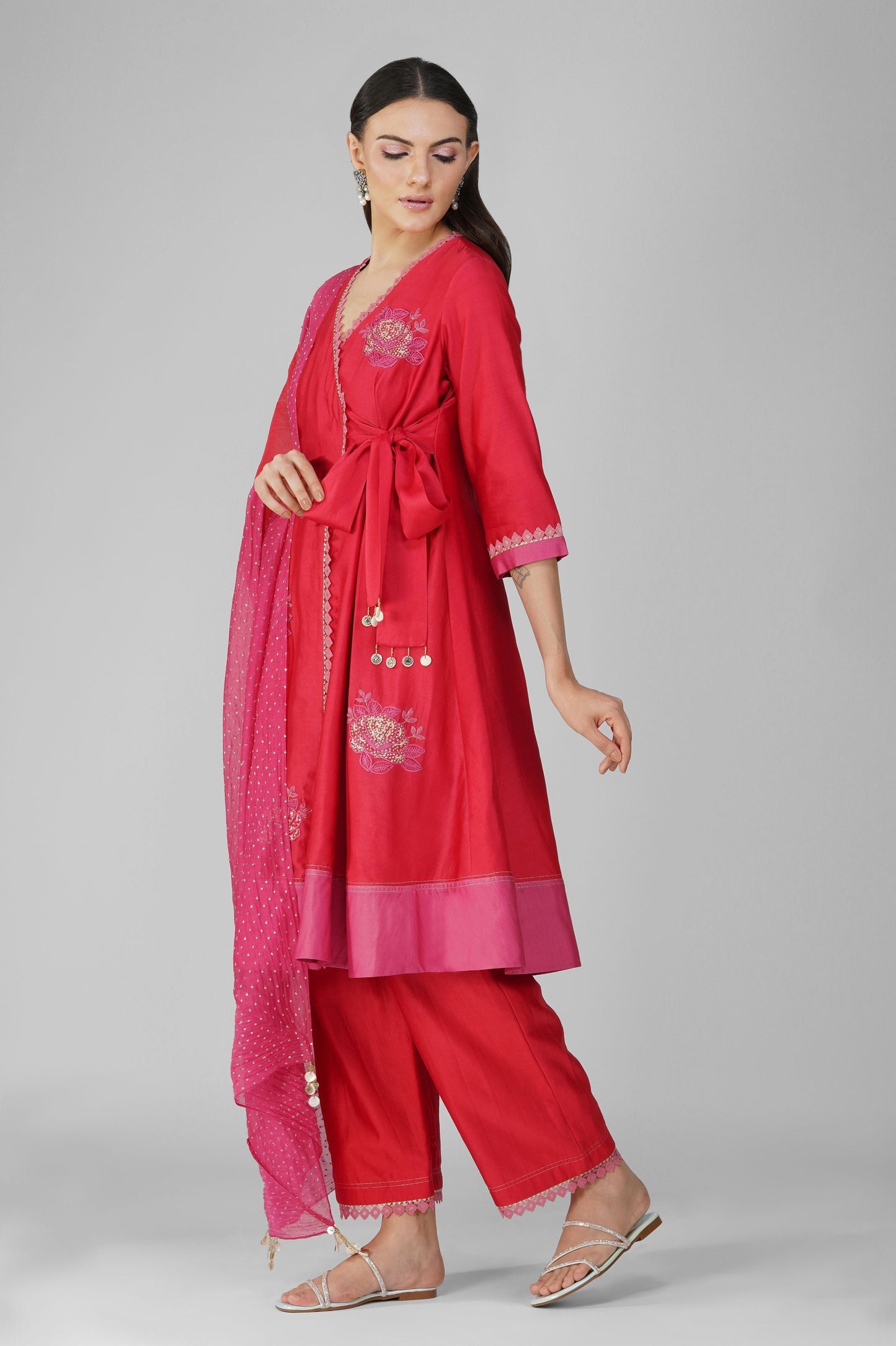 Red Two-Tone Angrakha Set by Devyani Mehrotra with Chanderi, Embellished, Indian Wear, Natural, Party Wear, Red, Regular Fit, Womenswear at Kamakhyaa for sustainable fashion