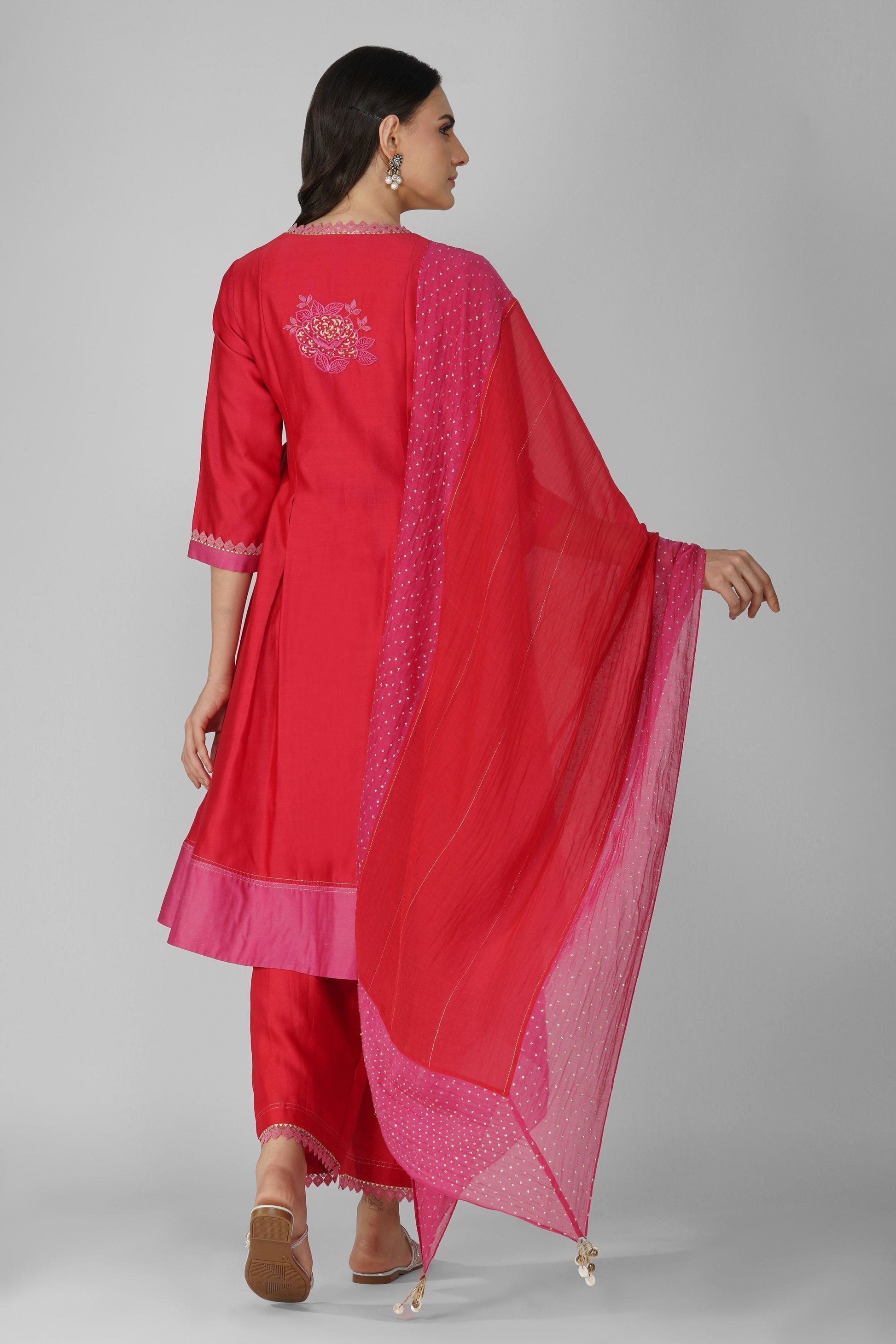 Red Two-Tone Angrakha Set by Devyani Mehrotra with Chanderi, Embellished, Indian Wear, Natural, Party Wear, Red, Regular Fit, Womenswear at Kamakhyaa for sustainable fashion