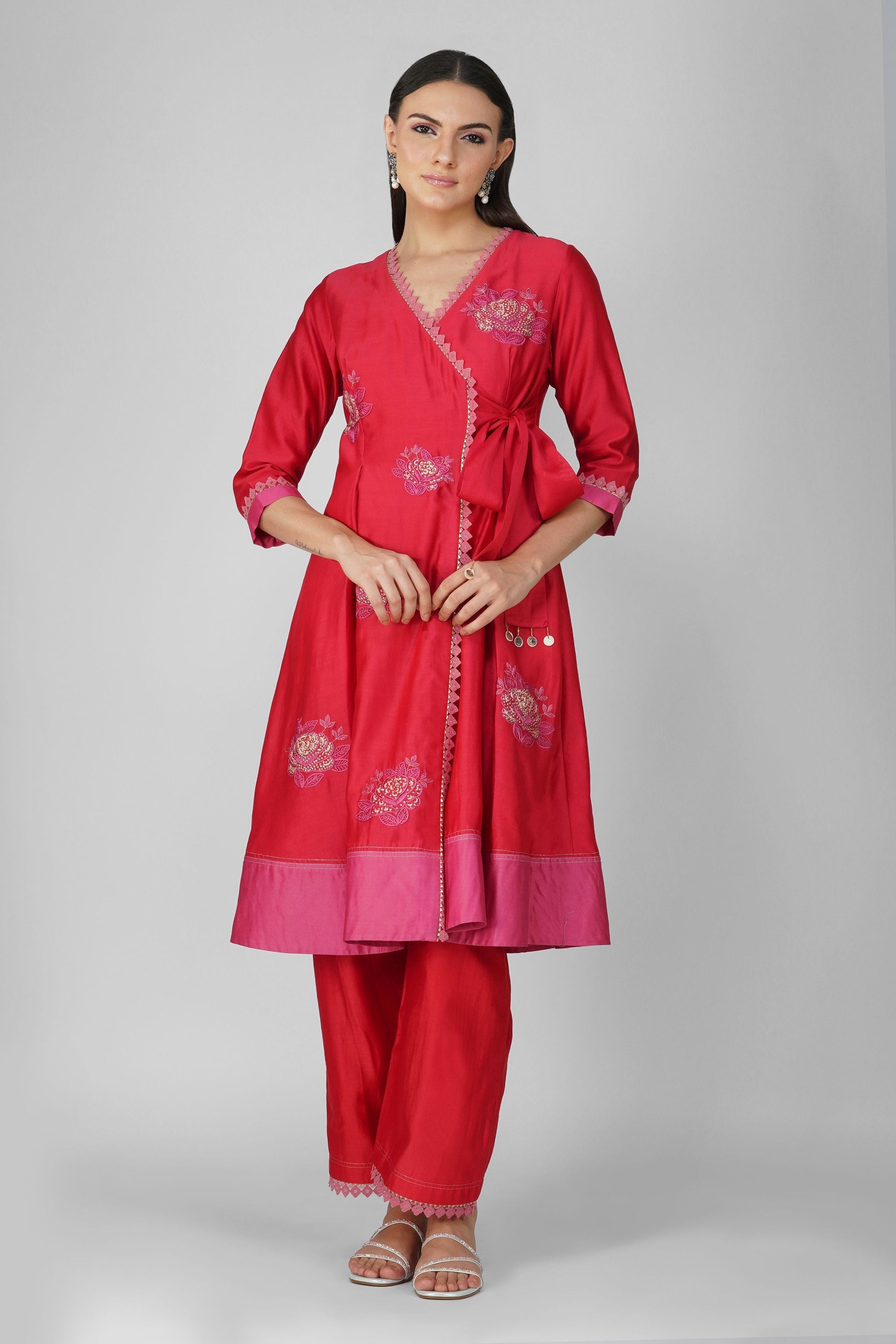 Red Two-Tone Angrakha Set by Devyani Mehrotra with Chanderi, Embellished, Indian Wear, Natural, Party Wear, Red, Regular Fit, Womenswear at Kamakhyaa for sustainable fashion
