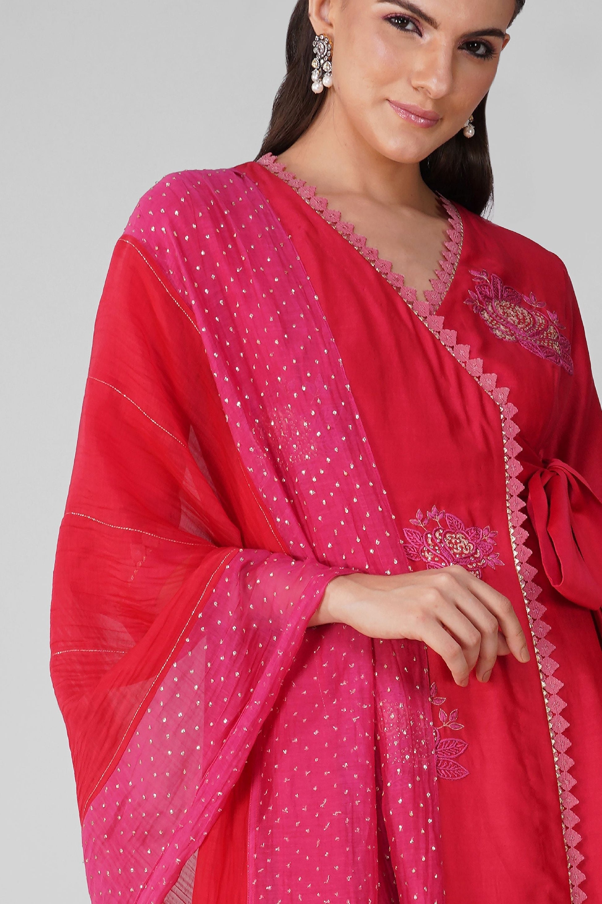 Red Two-Tone Angrakha Set by Devyani Mehrotra with Chanderi, Embellished, Indian Wear, Natural, Party Wear, Red, Regular Fit, Womenswear at Kamakhyaa for sustainable fashion