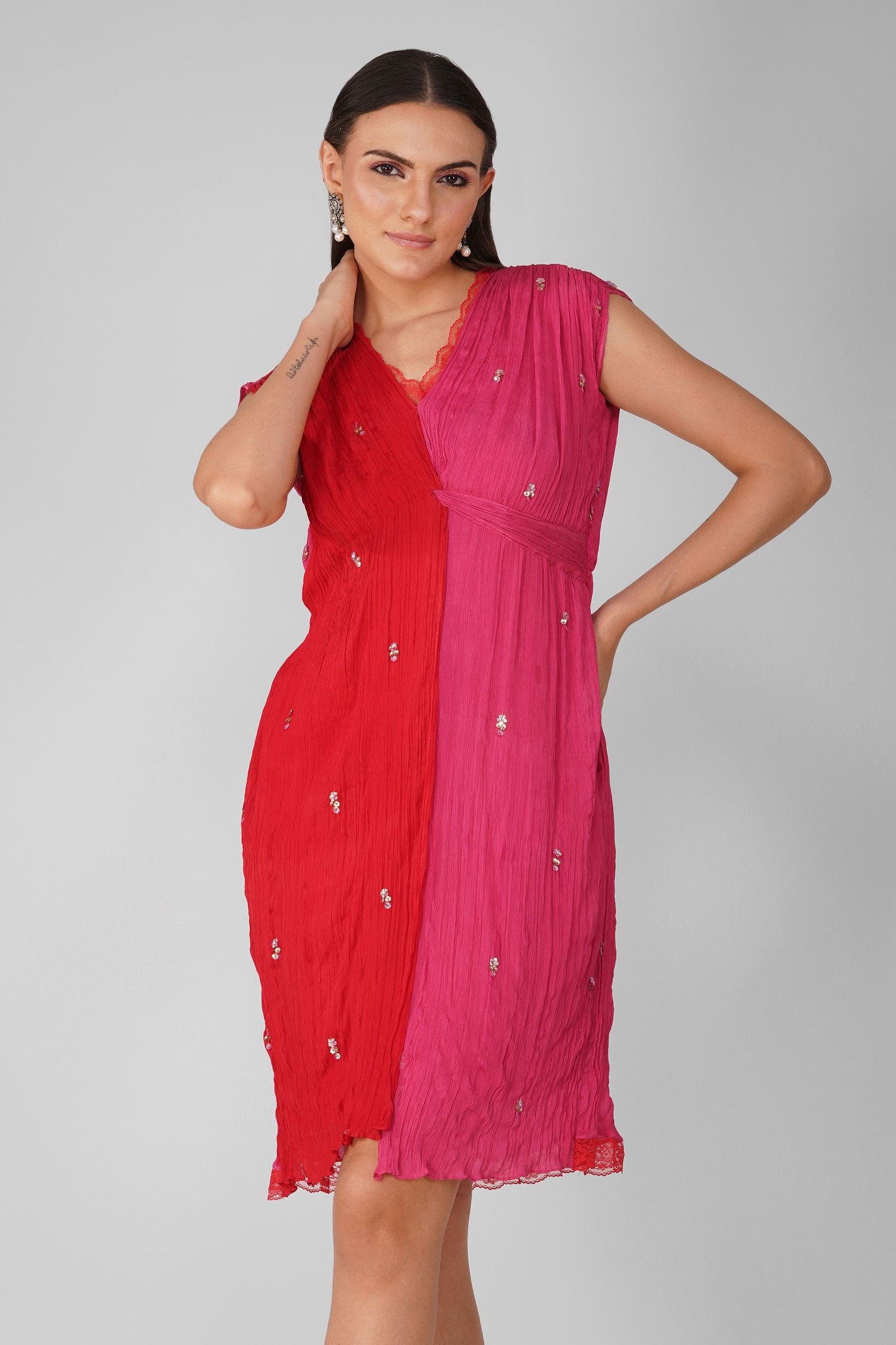 Red And Pink Chiffon Sleeveless knotted Dress by Devyani Mehrotra with Chiffon, Embellished, Indian Wear, Natural, Party Wear, Red, Regular Fit, Womenswear at Kamakhyaa for sustainable fashion