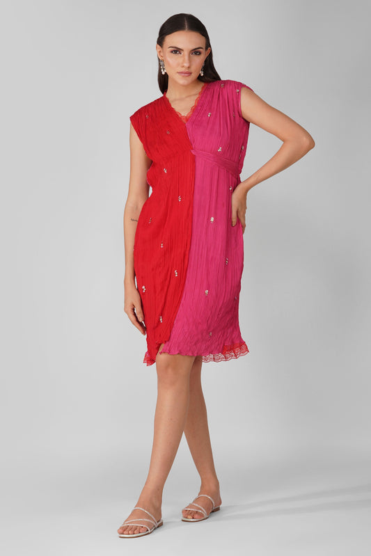 Red And Pink Chiffon Sleeveless knotted Dress