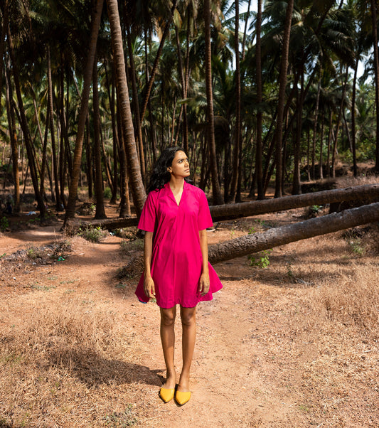 Hot Pink Mini Dress by Khara Kapas with Cotton, Mini Dresses, Natural, Oh Carol, Oh Carol by Khara Kapas, Pink, Regular Fit, Resort Wear, Shirt Dresses, Solid Selfmade, Solids, Womenswear at Kamakhyaa for sustainable fashion