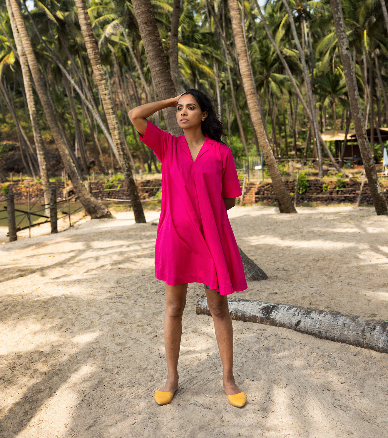 Hot Pink Mini Dress by Khara Kapas with Cotton, Mini Dresses, Natural, Oh Carol, Oh Carol by Khara Kapas, Pink, Regular Fit, Resort Wear, Shirt Dresses, Solid Selfmade, Solids, Womenswear at Kamakhyaa for sustainable fashion