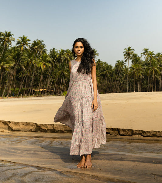 Pink Maxi Dress by Khara Kapas with Cotton, Maxi Dresses, Natural, Oh Carol, Oh Carol by Khara Kapas, Pink, Regular Fit, Resort Wear, Sleeveless Dresses, Solids, Tiered Dresses, Womenswear at Kamakhyaa for sustainable fashion