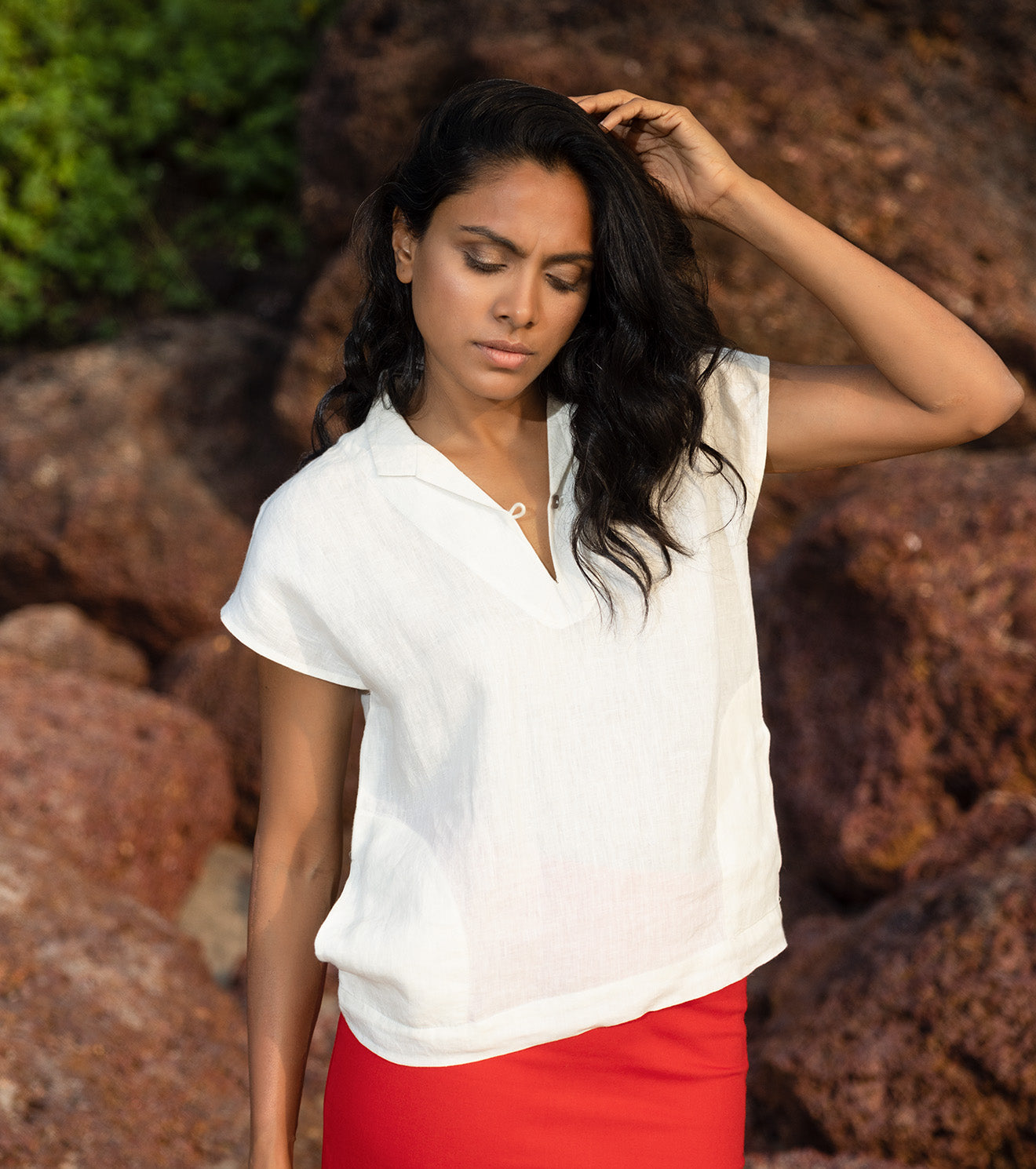 White Tunic Top by Khara Kapas with Linen, Natural, Oh Carol, Oh Carol by Khara Kapas, Regular Fit, Resort Wear, Solids, T-Shirts, Tops, White, Womenswear at Kamakhyaa for sustainable fashion