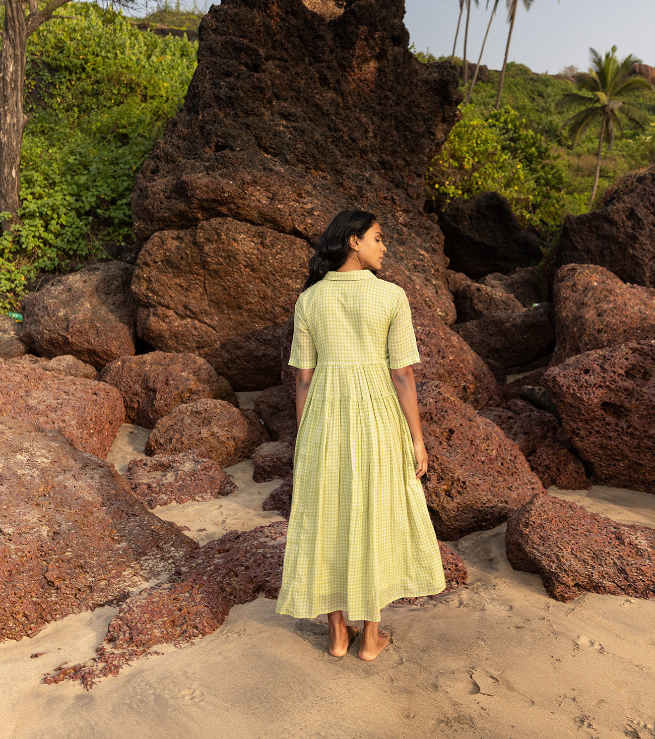Green Midi Dress by Khara Kapas with Cotton, Maxi Dresses, Natural, Not Priced, Oh Carol, Oh Carol by Khara Kapas, Red, Regular Fit, Resort Wear, Solids, Tiered Dresses, Womenswear at Kamakhyaa for sustainable fashion