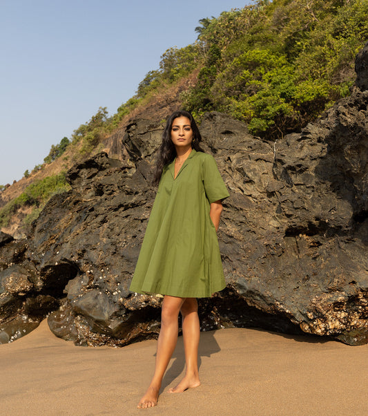 Green Mini Dress with pockets by Khara Kapas with Cotton, For Her, Green, Mini Dresses, Natural, Oh Carol, Oh Carol by Khara Kapas, Regular Fit, Resort Wear, Solid Selfmade, Solids, Womenswear at Kamakhyaa for sustainable fashion