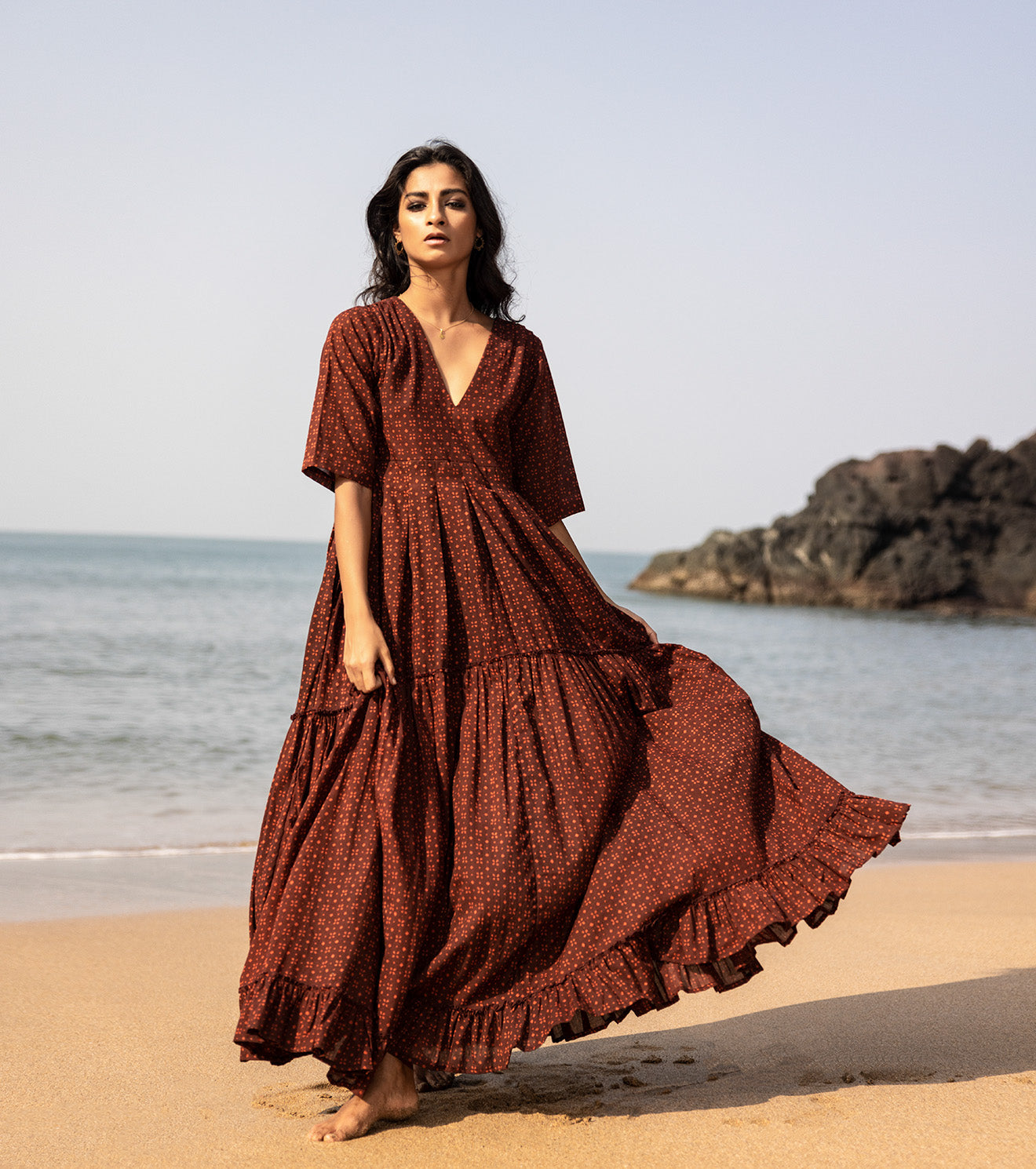 Red Maxi Dress: When dresses make our inner child come out 🍁 by Khara Kapas with Cotton, Maxi Dresses, Natural, Oh Carol, Oh Carol by Khara Kapas, Red, Regular Fit, Resort Wear, Solids, Tiered Dresses, Womenswear at Kamakhyaa for sustainable fashion