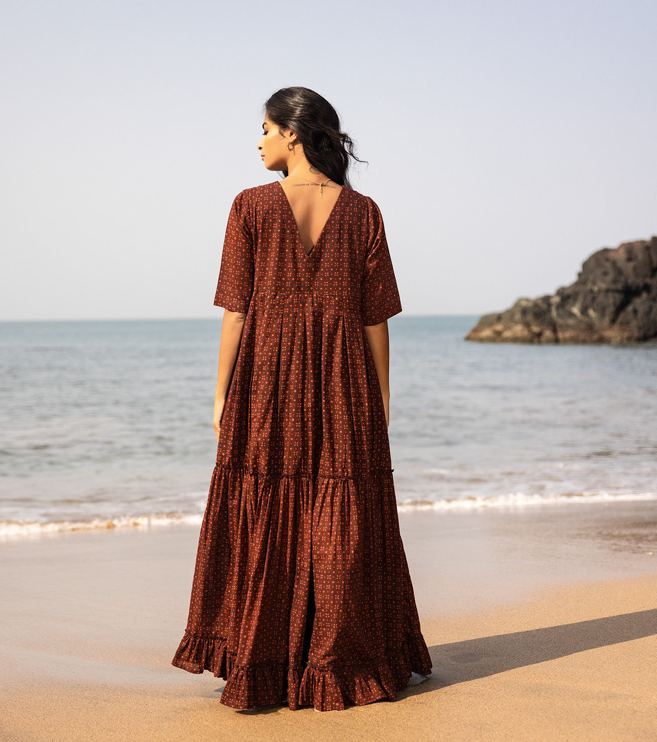 Red Maxi Dress: When dresses make our inner child come out 🍁 by Khara Kapas with Cotton, Maxi Dresses, Natural, Oh Carol, Oh Carol by Khara Kapas, Red, Regular Fit, Resort Wear, Solids, Tiered Dresses, Womenswear at Kamakhyaa for sustainable fashion