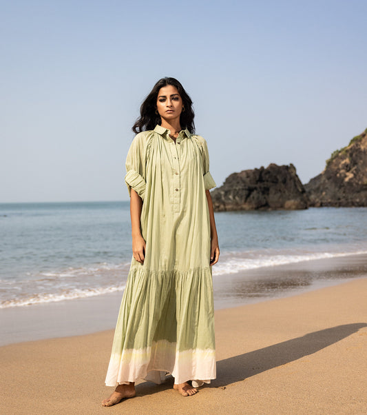 Green Tiered Maxi Dress by Khara Kapas with Cotton, Green, Maxi Dresses, Natural, Oh Carol, Oh Carol by Khara Kapas, Regular Fit, Resort Wear, Shirt Dresses, Solids, Tiered Dresses, Womenswear at Kamakhyaa for sustainable fashion