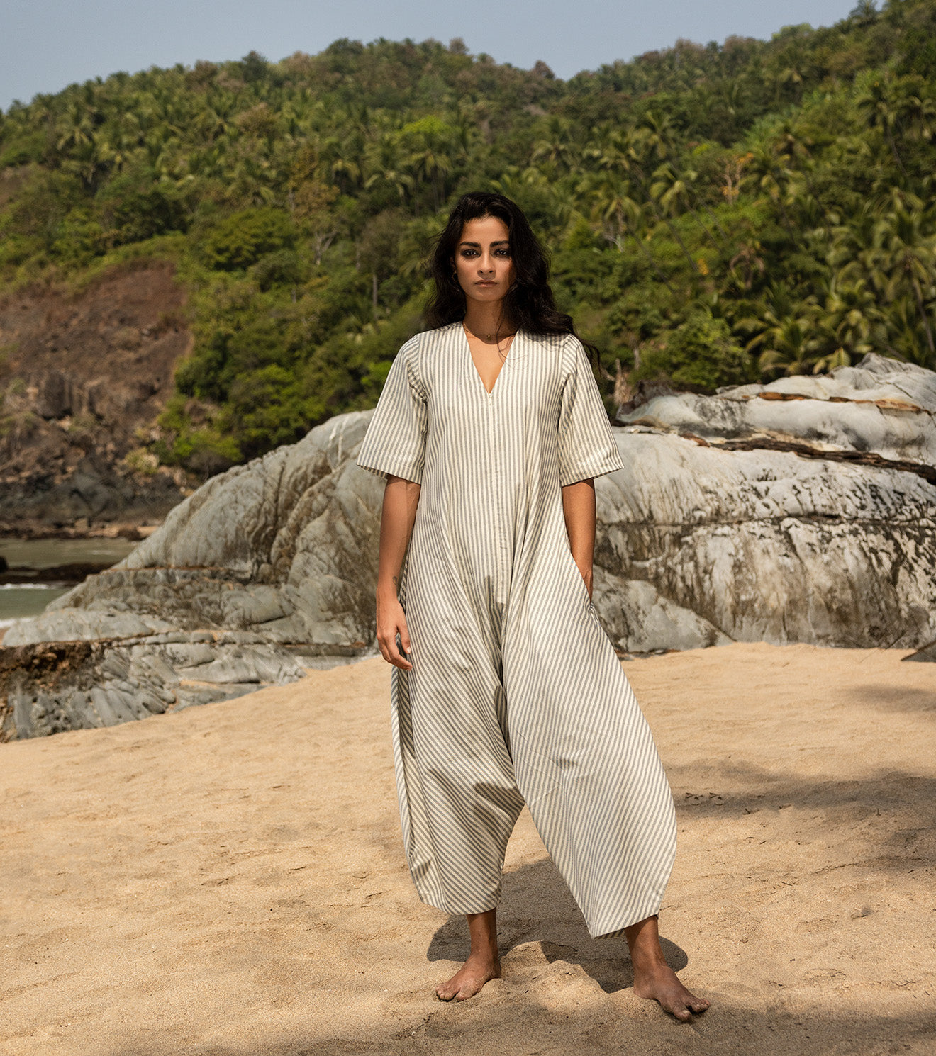 Black And White Jumpsuit by Khara Kapas with Black, Cotton, Dresses, Jumpsuits, Natural, Oh Carol, Oh Carol by Khara Kapas, Regular Fit, Resort Wear, Solids, Womenswear at Kamakhyaa for sustainable fashion
