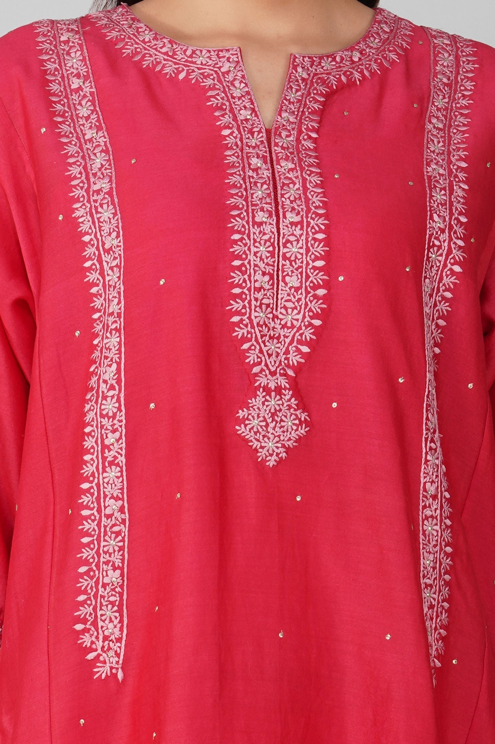 Red Chanderi Kalidar Kurta Pant Set by Devyani Mehrotra with Chanderi, Embellished, Indian Wear, Natural, Party Wear, Red, Regular Fit, Womenswear at Kamakhyaa for sustainable fashion