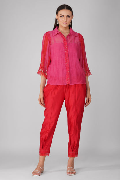 Red And Pink Chanderi Two-Tone Shirt by Devyani Mehrotra with Chanderi, Embellished, Indian Wear, Natural, Party Wear, Red, Regular Fit, Shirts, Womenswear at Kamakhyaa for sustainable fashion