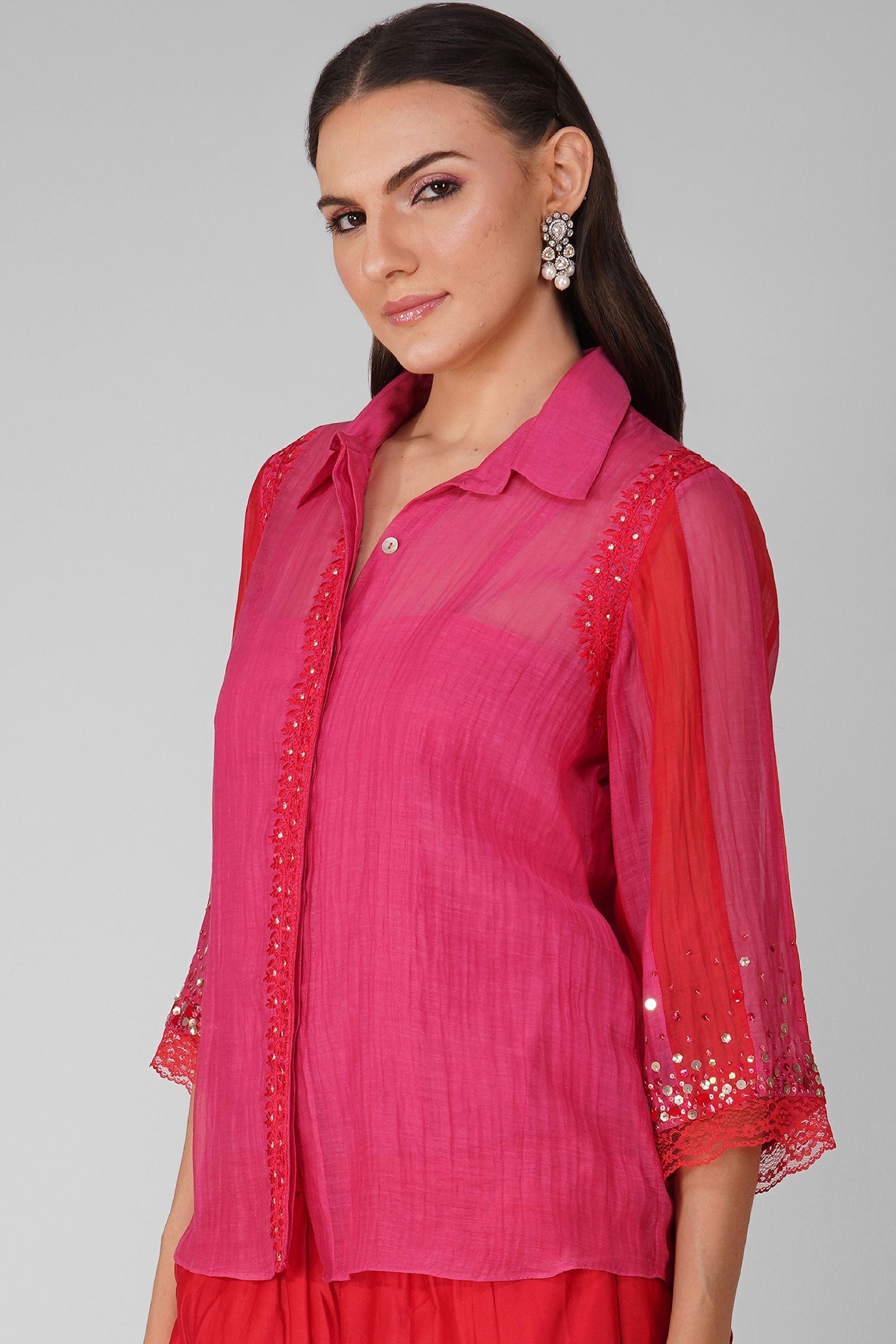 Red And Pink Chanderi Two-Tone Shirt by Devyani Mehrotra with Chanderi, Embellished, Indian Wear, Natural, Party Wear, Red, Regular Fit, Shirts, Womenswear at Kamakhyaa for sustainable fashion