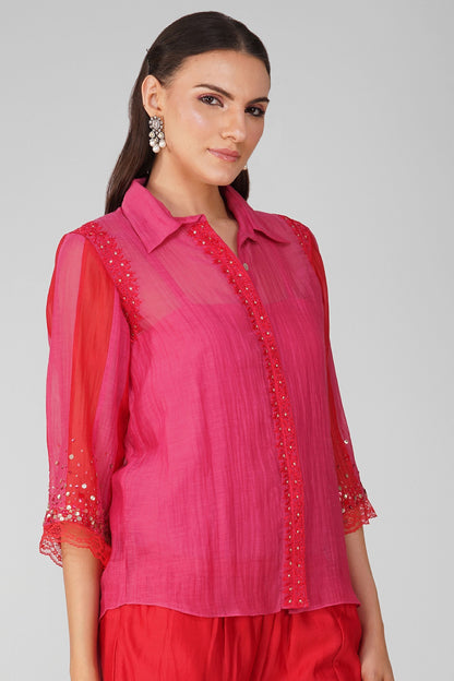 Red And Pink Chanderi Two-Tone Shirt by Devyani Mehrotra with Chanderi, Embellished, Indian Wear, Natural, Party Wear, Red, Regular Fit, Shirts, Womenswear at Kamakhyaa for sustainable fashion