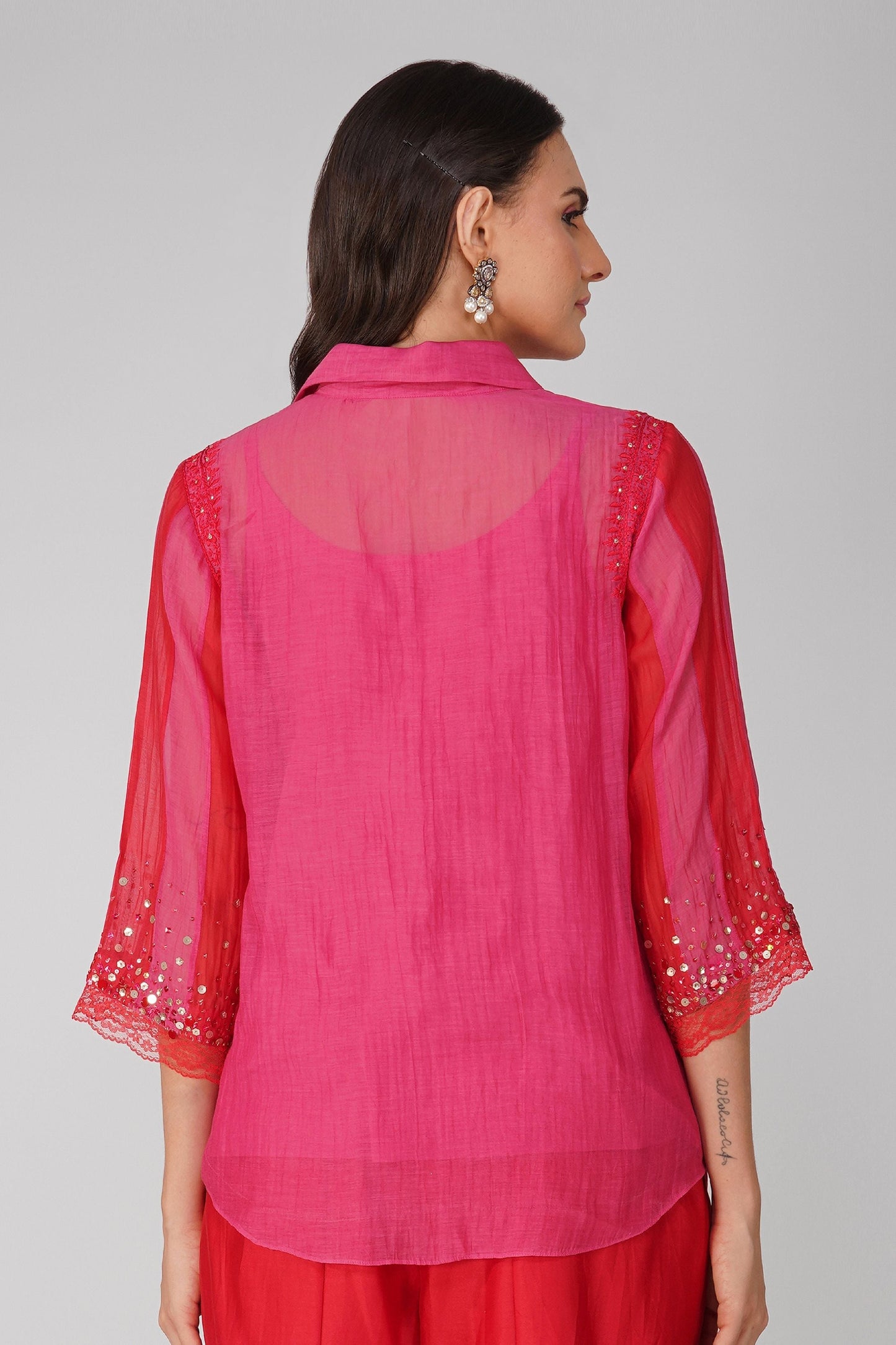Red And Pink Chanderi Two-Tone Shirt by Devyani Mehrotra with Chanderi, Embellished, Indian Wear, Natural, Party Wear, Red, Regular Fit, Shirts, Womenswear at Kamakhyaa for sustainable fashion