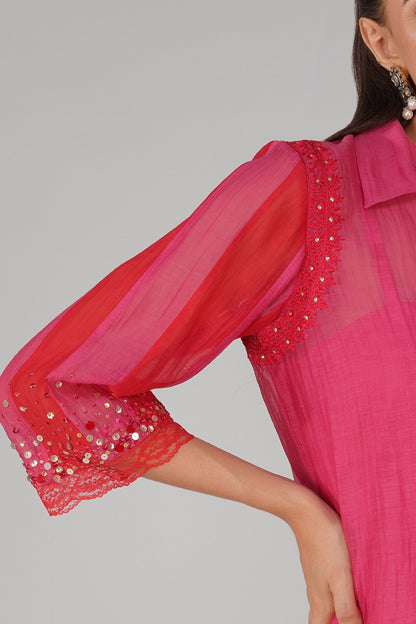 Red And Pink Chanderi Two-Tone Shirt by Devyani Mehrotra with Chanderi, Embellished, Indian Wear, Natural, Party Wear, Red, Regular Fit, Shirts, Womenswear at Kamakhyaa for sustainable fashion