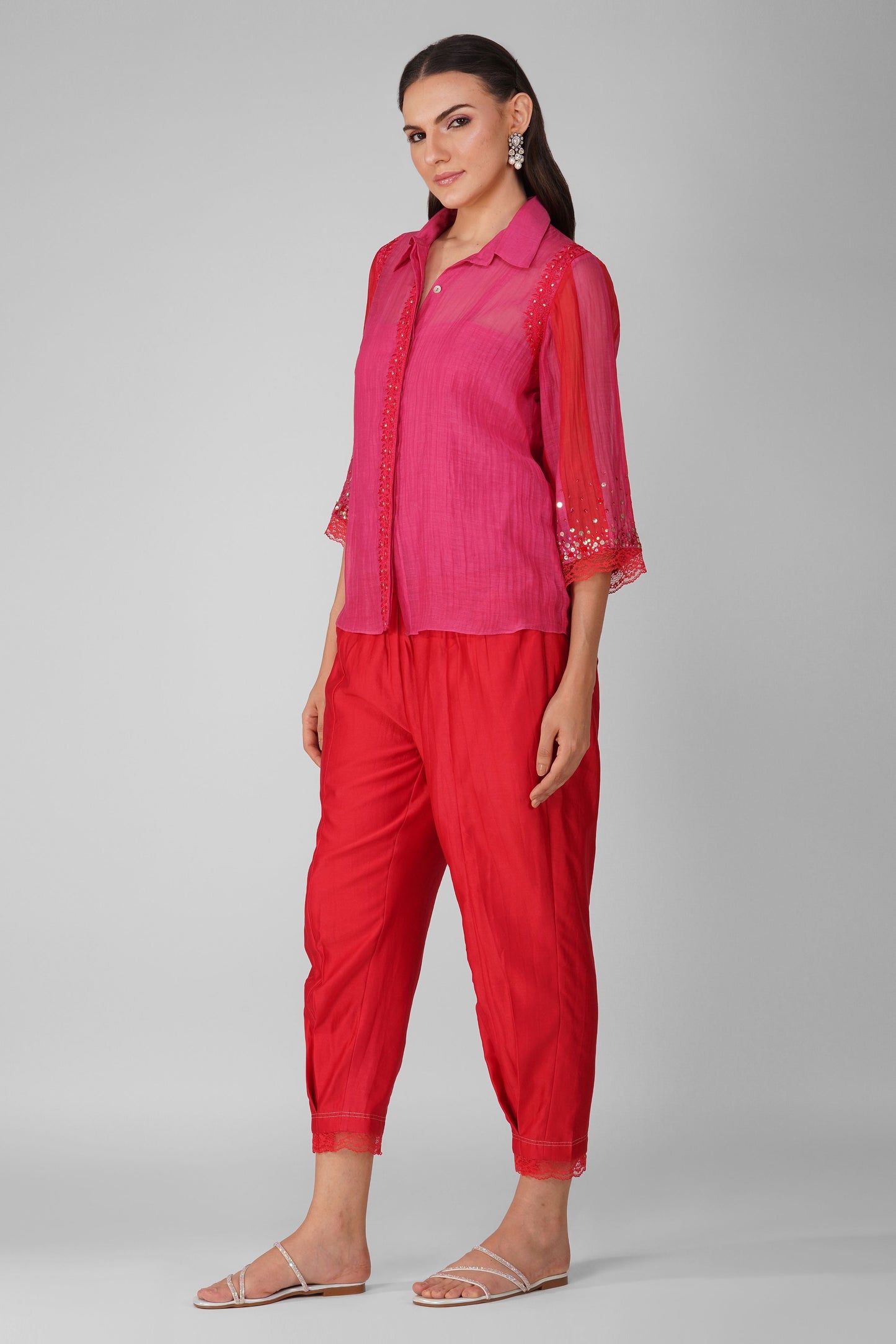 Red Chanderi Two-Tone Shirt Set