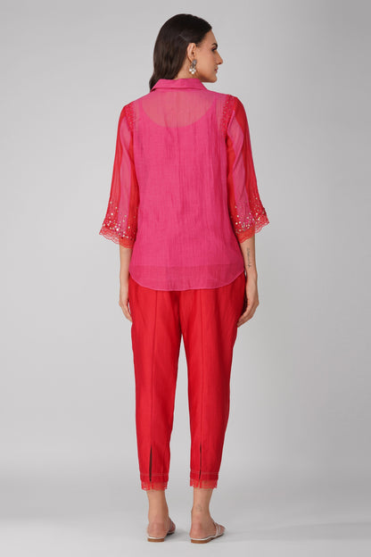 Red Chanderi Two-Tone Shirt Set