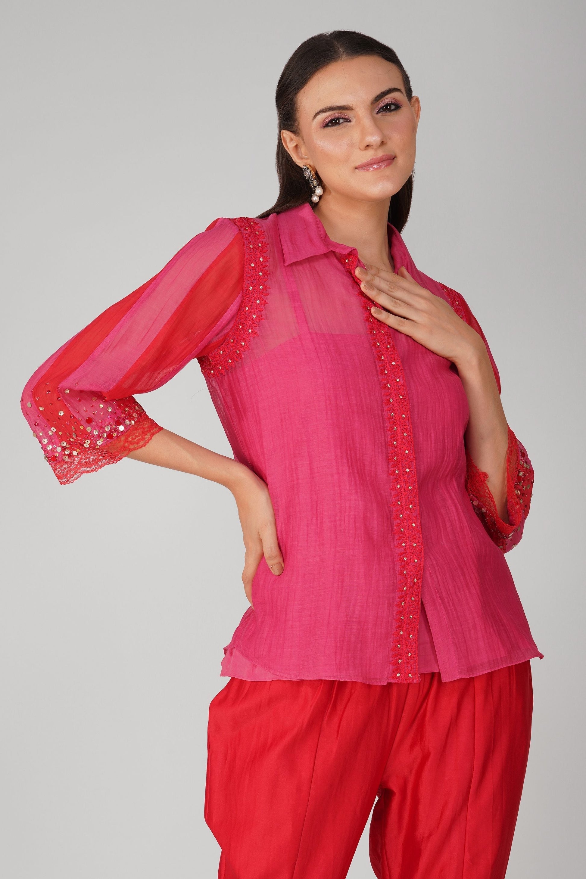 Red Chanderi Two-Tone Shirt Set by Devyani Mehrotra with Chanderi, Complete Sets, Embellished, Indian Wear, Natural, Party Wear, Red, Regular Fit, Womenswear at Kamakhyaa for sustainable fashion