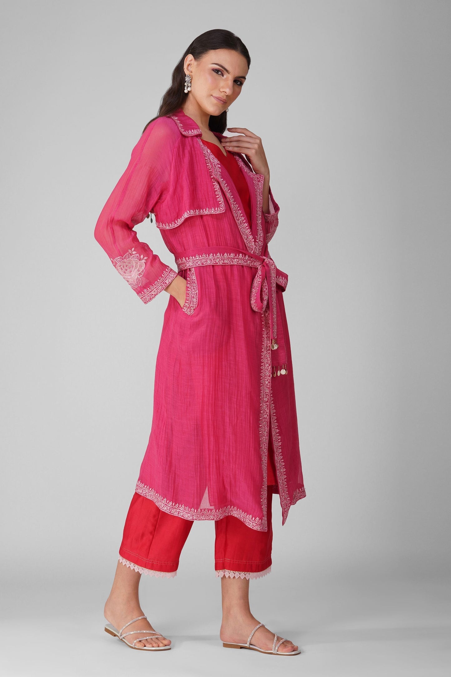 Pink And Red Trench Kurta With Pant Set by Devyani Mehrotra with Chanderi, Embellished, Indian Wear, Natural, Party Wear, Pink, Regular Fit, Womenswear at Kamakhyaa for sustainable fashion