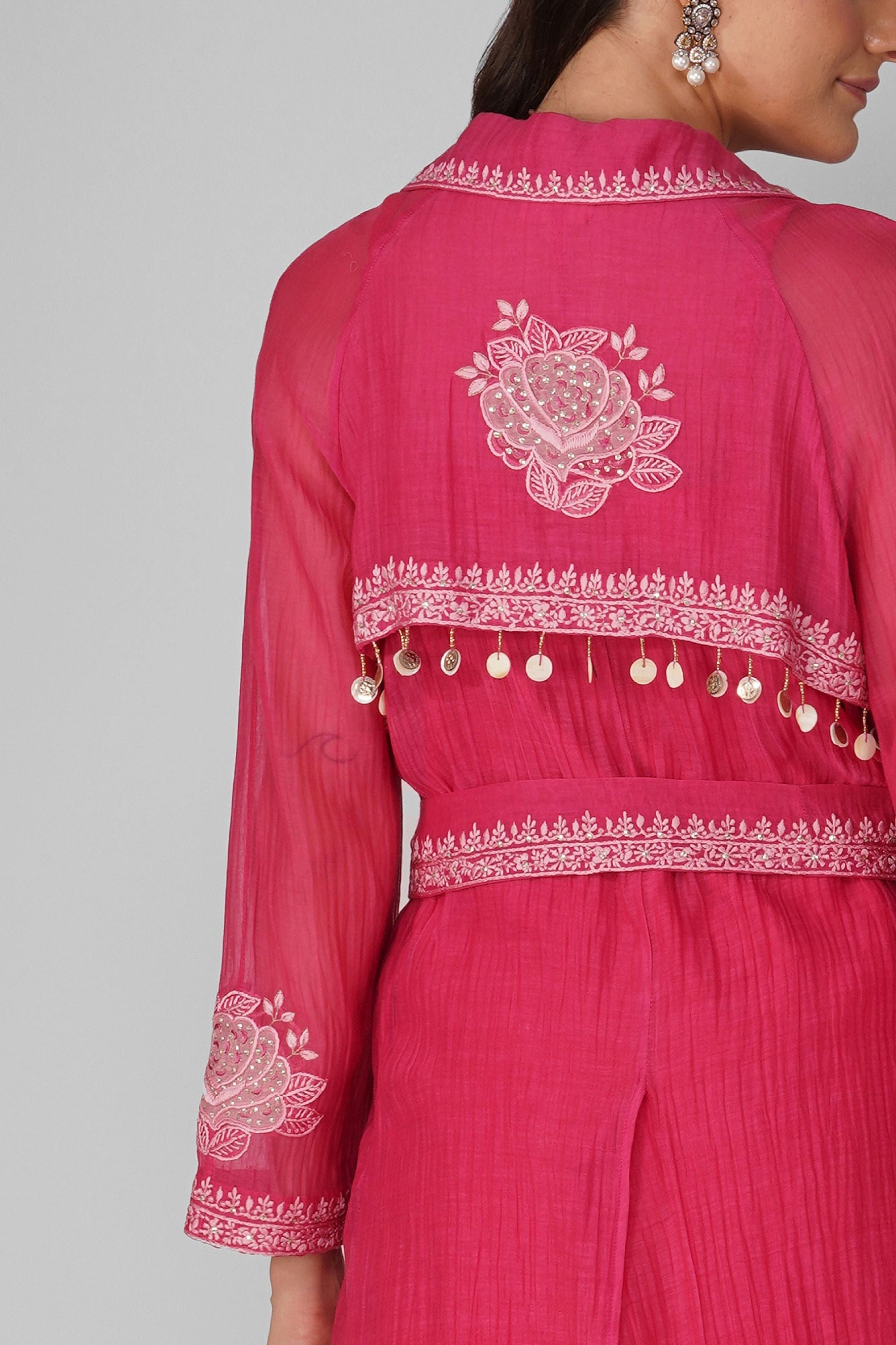 Pink And Red Trench Kurta With Pant Set by Devyani Mehrotra with Chanderi, Embellished, Indian Wear, Natural, Party Wear, Pink, Regular Fit, Womenswear at Kamakhyaa for sustainable fashion