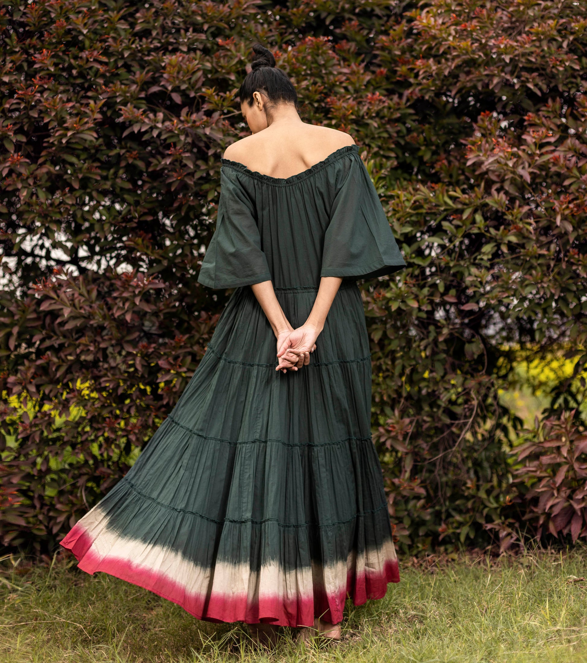 Green Maxi Dress with Pockets Dresses Green, Lost and found, Dresses, Mulmul, Natural, Ombres & Dyes, Regular Fit, Solids, Tiered Khara Kapas Kamakhyaa