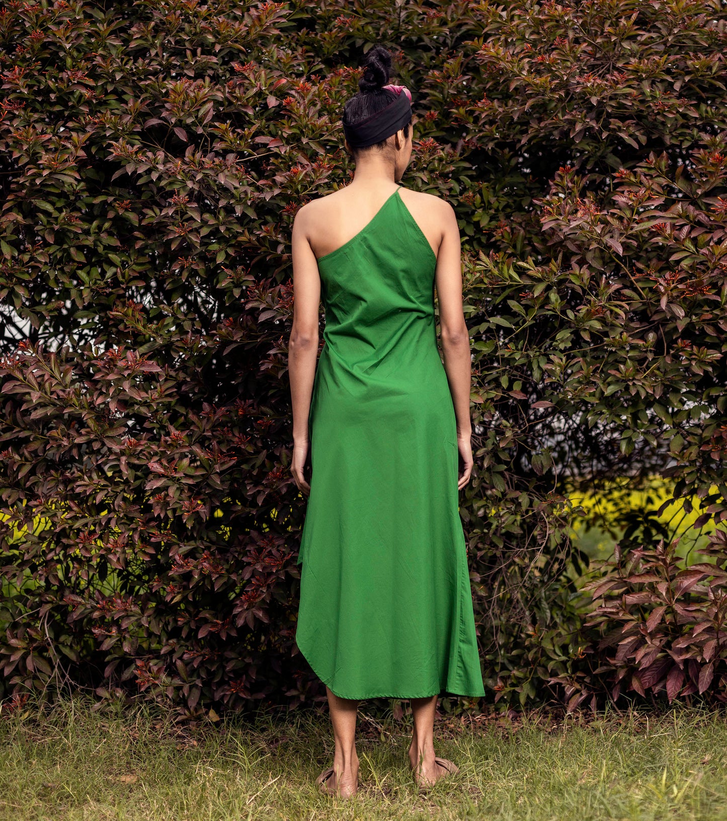 Green off shoulder Midi Dress by Khara Kapas with Green, Highend fashion, Lost & Found by Khara Kapas, Midi Dresses, Natural, One Shoulder Dresses, Poplin, Regular Fit, Resort Wear, Solid Selfmade, Solids, Womenswear at Kamakhyaa for sustainable fashion