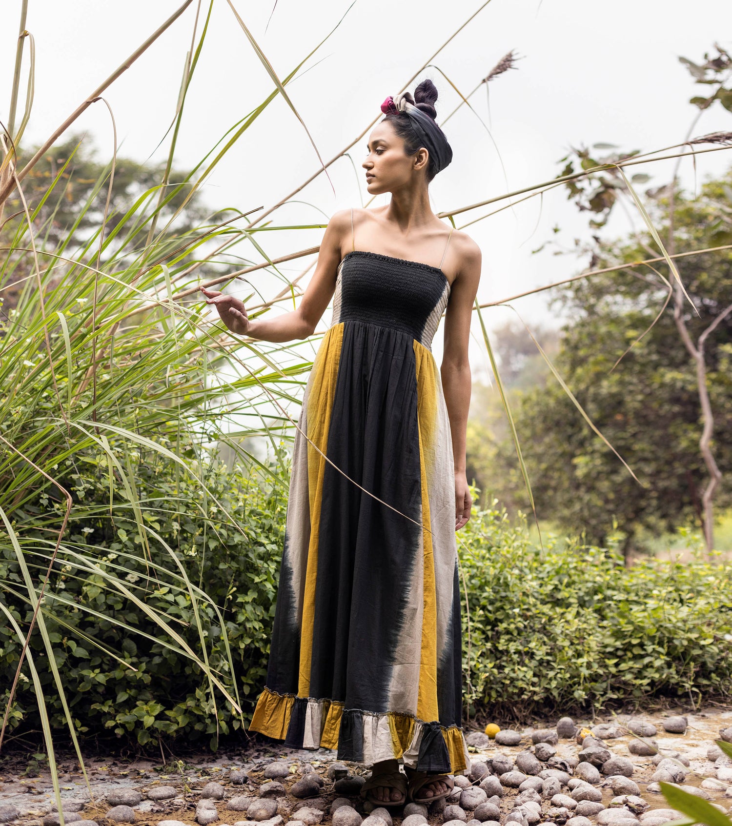 Black Shibori Dyed Maxi Dress-OSS Black, Lost Found, Mulmul, Natural, Ombres & Dyes, Regular Fit Kamakhyaa