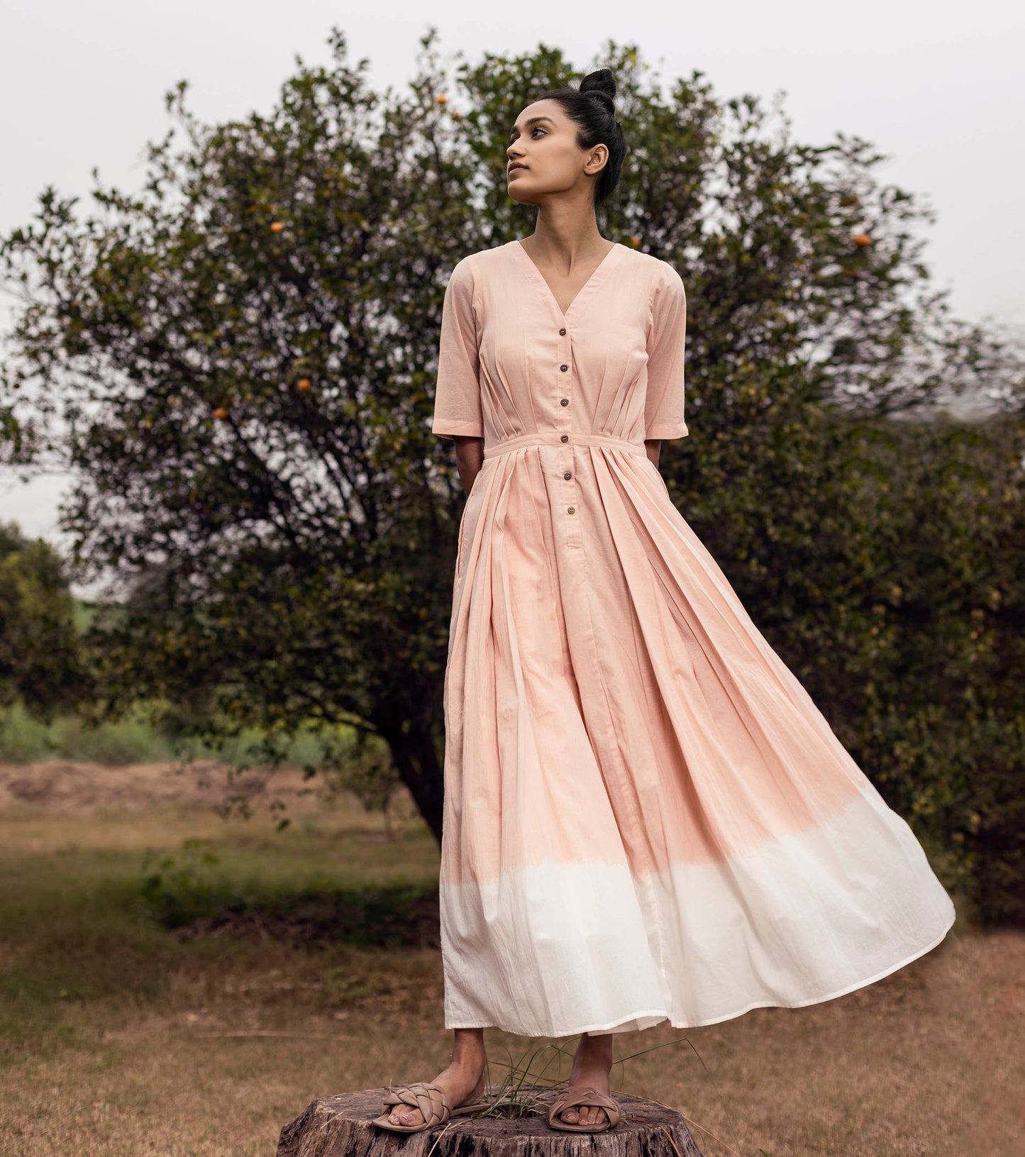 Pink Shibori Dyed Maxi Dress Dresses Lost and found, Mulmul, Natural, Prints, Solids, Tiered Khara Kapas Kamakhyaa