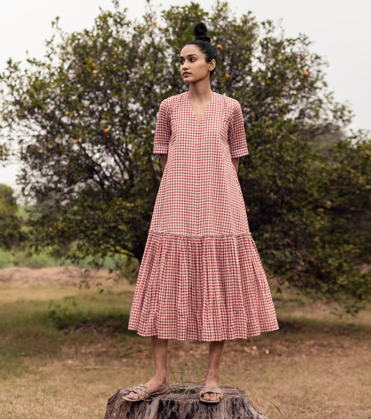 Red Check Midi Dress by Khara Kapas with Checks, Cotton, FB ADS JUNE, Lost & Found by Khara Kapas, Midi Dresses, Natural, Red, Regular Fit, Resort Wear, Solids, Tiered Dresses, Womenswear at Kamakhyaa for sustainable fashion