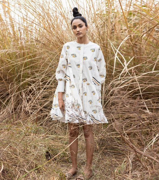 White Mini Dress- Print by Khara Kapas with Lost & Found by Khara Kapas, Mini Dresses, Mulmul, Natural, Prints, Resort Wear, Shirt Dresses, Tiered Dresses, White, Womenswear at Kamakhyaa for sustainable fashion