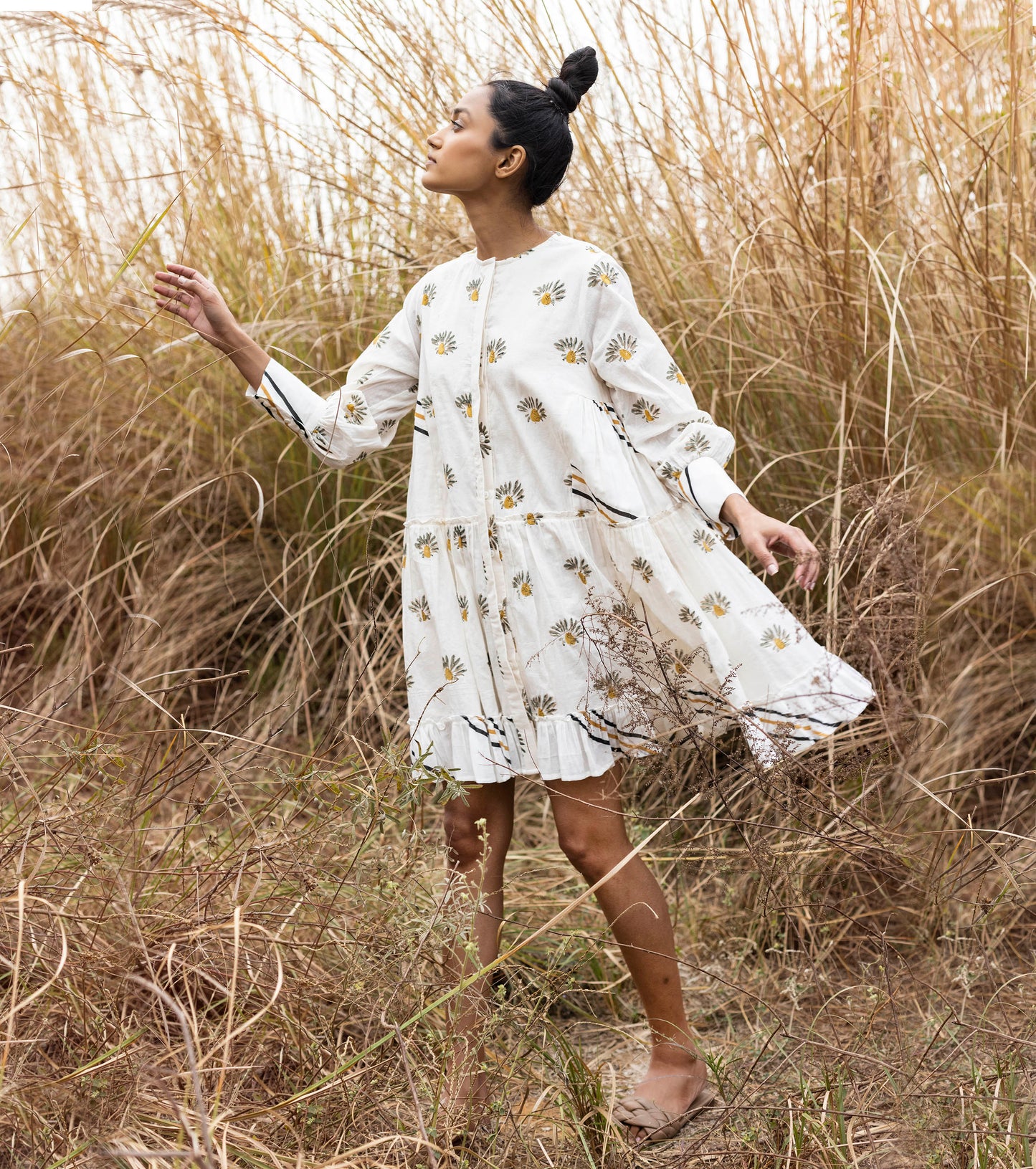 White Mini Dress- Print by Khara Kapas with Lost & Found by Khara Kapas, Mini Dresses, Mulmul, Natural, Prints, Resort Wear, Shirt Dresses, Tiered Dresses, White, Womenswear at Kamakhyaa for sustainable fashion