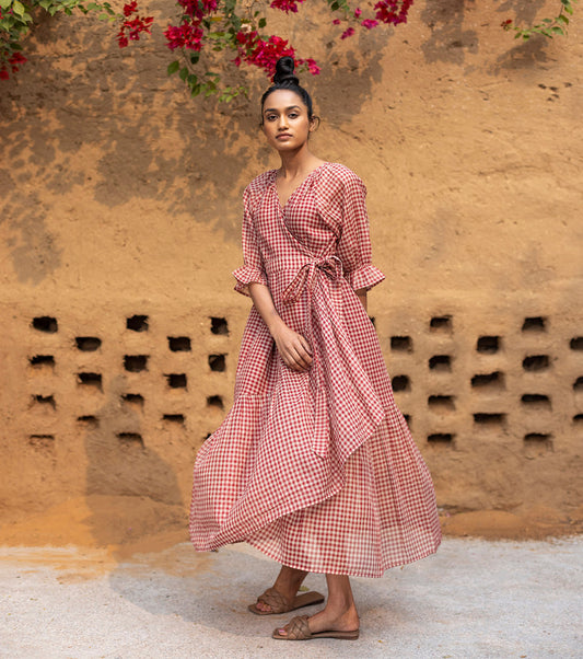 Red Check Midi Dress by Khara Kapas with Checks, Cotton, FB ADS JUNE, For Daughter, Lost & Found by Khara Kapas, Midi Dresses, Natural, Red, Regular Fit, Resort Wear, Womenswear, Wrap Dresses at Kamakhyaa for sustainable fashion