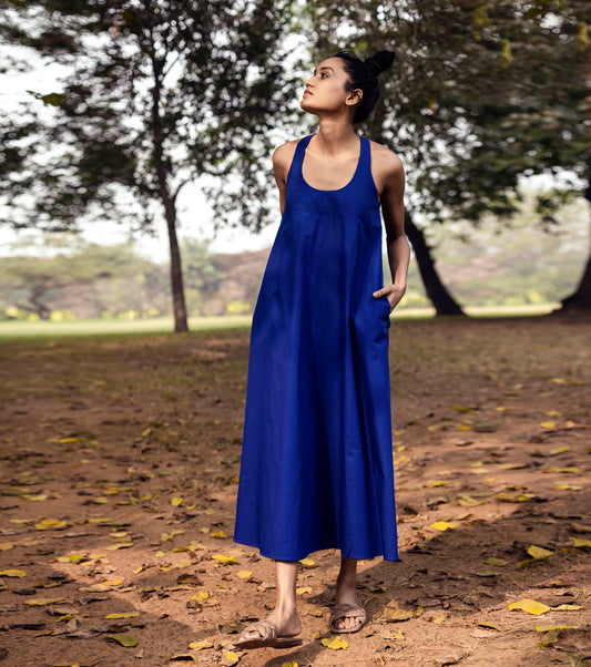 Blue Sleeveless Midi Dress by Khara Kapas with Blue, FB ADS JUNE, For Birthday, Lost & Found by Khara Kapas, Midi Dresses, Natural, Poplin, Regular Fit, Resort Wear, Sleeveless Dresses, Solid Selfmade, Solids, Womenswear at Kamakhyaa for sustainable fashion