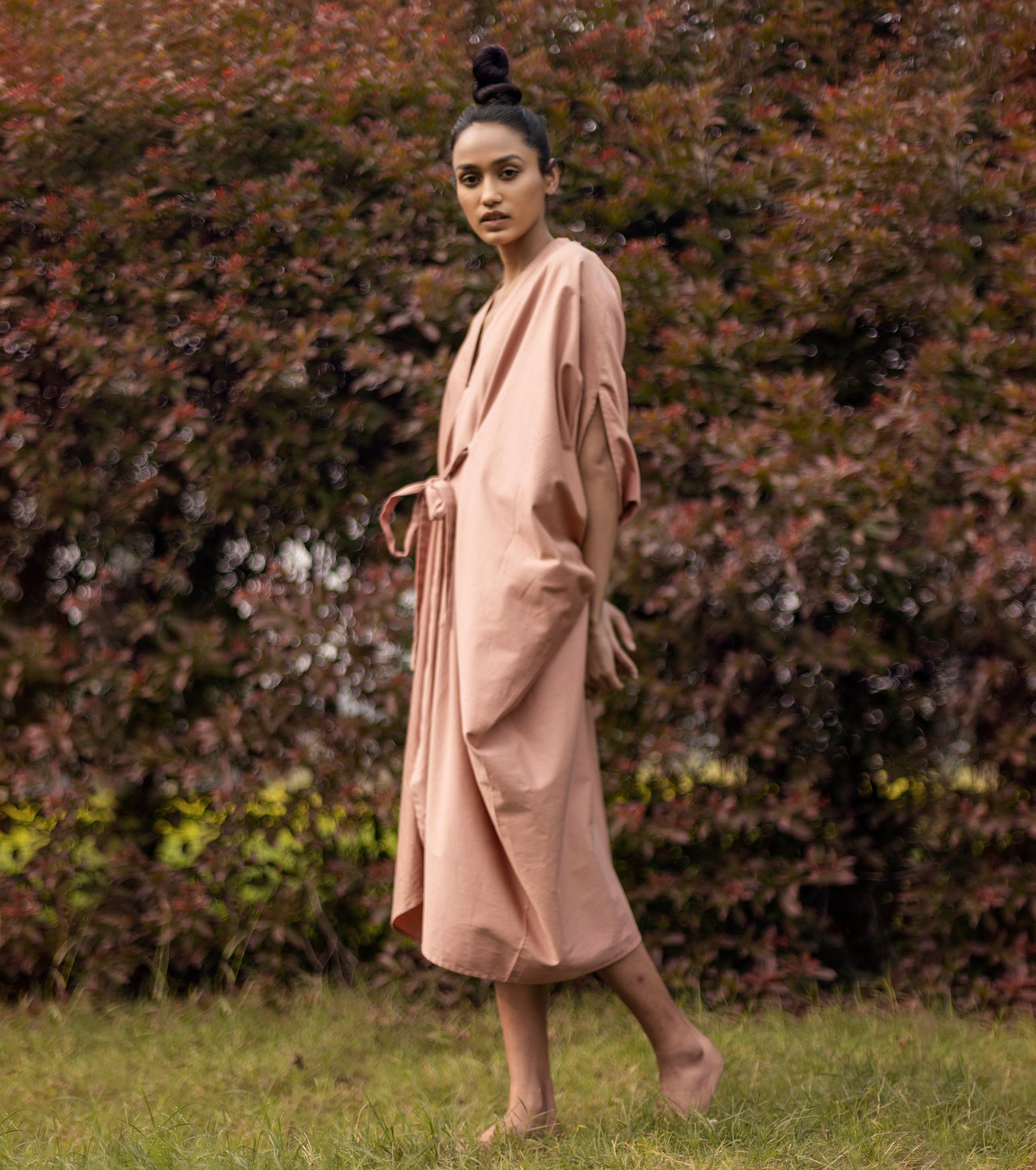 Blush Pink Midi Dress by Khara Kapas with For Anniversary, Lost & Found by Khara Kapas, Midi Dresses, Mul Cotton, Natural, Pink, Regular Fit, Resort Wear, Shirt Dresses, Solids, Womenswear at Kamakhyaa for sustainable fashion