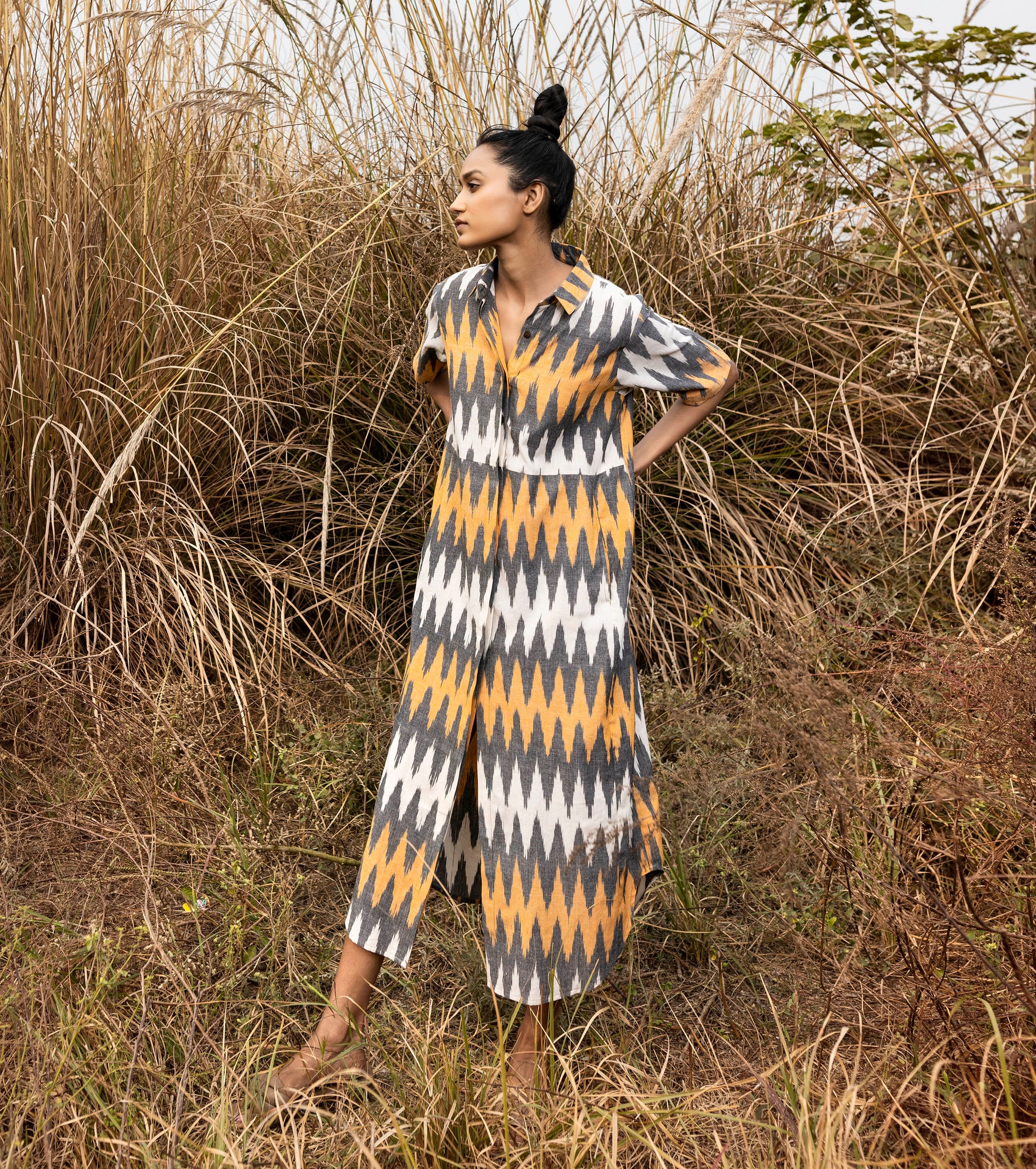 Multicolor Ikat Slit Dress by Khara Kapas with Cotton, Lost & Found by Khara Kapas, Multicolor, Natural, Ombre & Dyes, Regular Fit, Resort Wear, Selfsame, Shirt Dresses, Shirts, Womenswear at Kamakhyaa for sustainable fashion