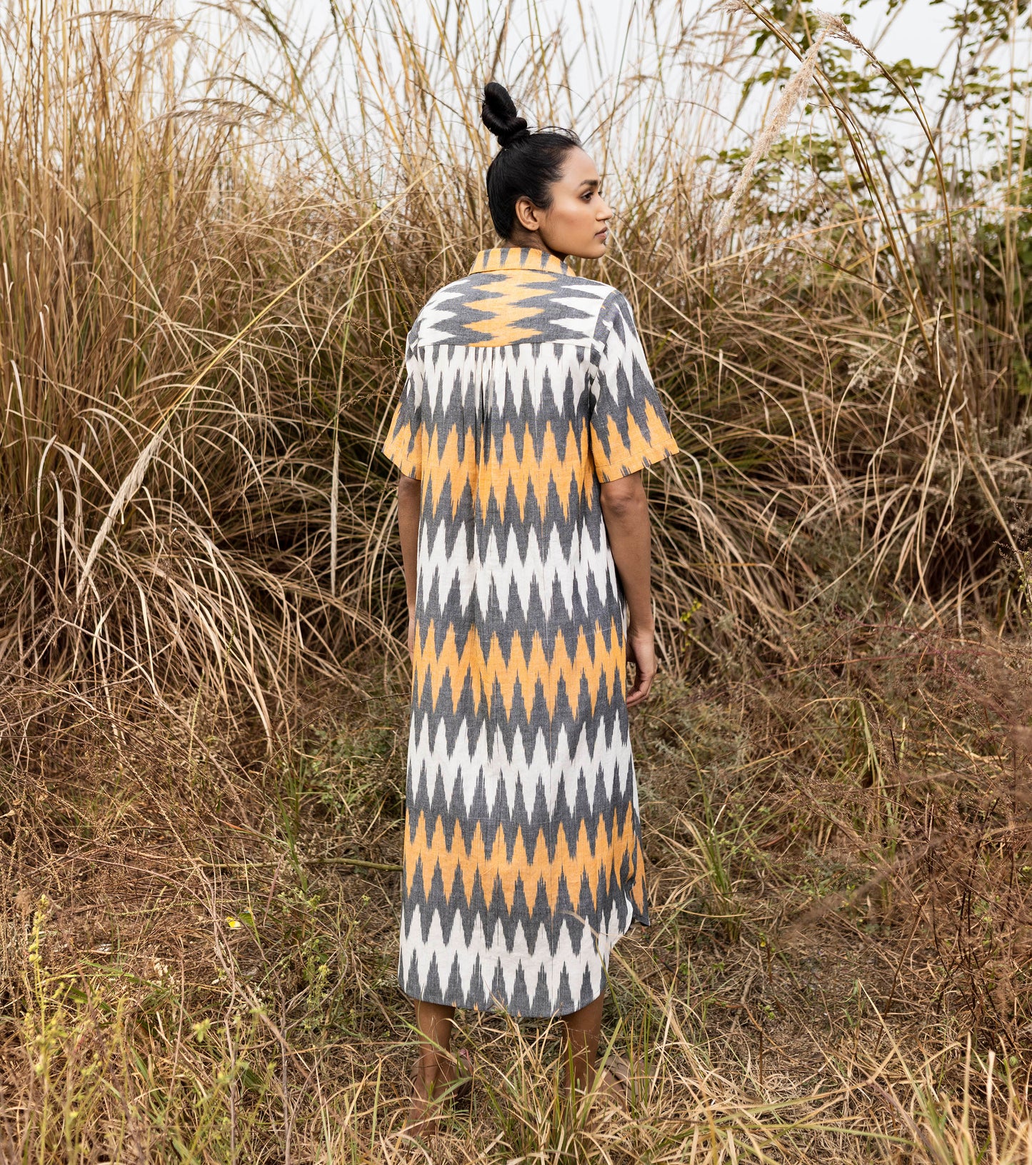 Multicolor Ikat Slit Dress by Khara Kapas with Cotton, Lost & Found by Khara Kapas, Multicolor, Natural, Ombre & Dyes, Regular Fit, Resort Wear, Selfsame, Shirt Dresses, Shirts, Womenswear at Kamakhyaa for sustainable fashion