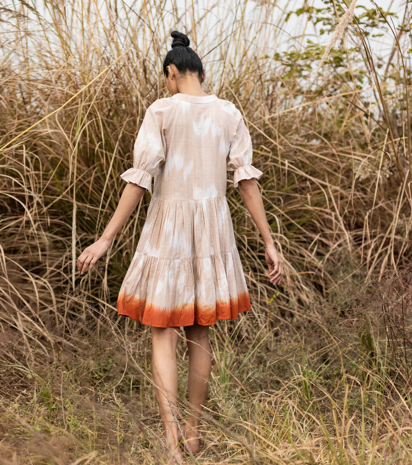 Beige shibori dyed ikkat Mini Dress Dresses Cotton, Handwoven, Lost and found, Natural, Prints, Regular Fit, Tiered Khara Kapas Kamakhyaa