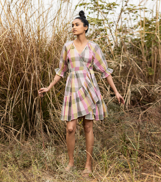 Pink Check Mini Dress by Khara Kapas with Handloom Cotton, Lost & Found by Khara Kapas, Mini Dresses, Multicolor, Natural, Pink, Printed Selfsame, Regular Fit, Resort Wear, Womenswear, Wrap Dresses at Kamakhyaa for sustainable fashion