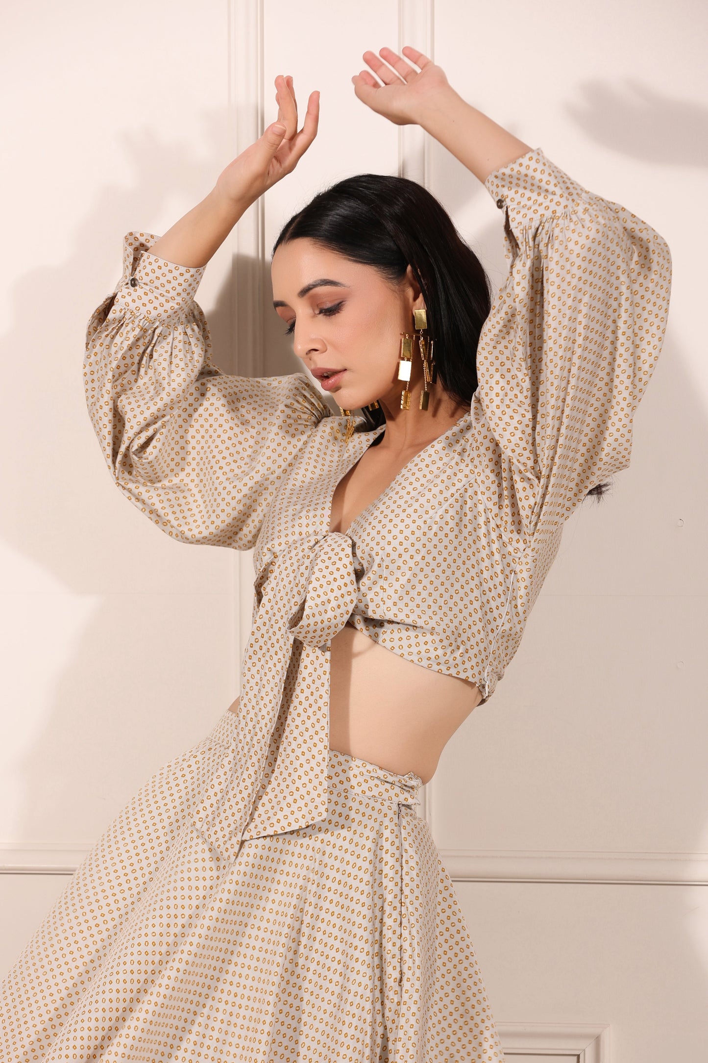 Grey Polka Co-ord Set by MOH-The Eternal Dhaga with Cotton, Grey, Moh-The eternal Dhaga, Natural, Party Wear, Party Wear Co-ords, Polka Dots, Regular Fit, Womenswear at Kamakhyaa for sustainable fashion